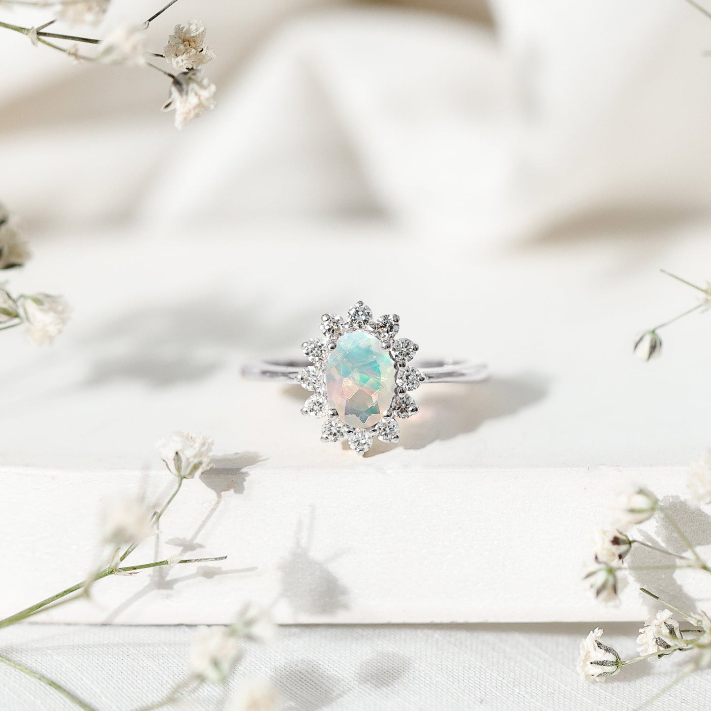 Certified Real Ethiopian Opal Oval Engagement Ring with Diamond Halo