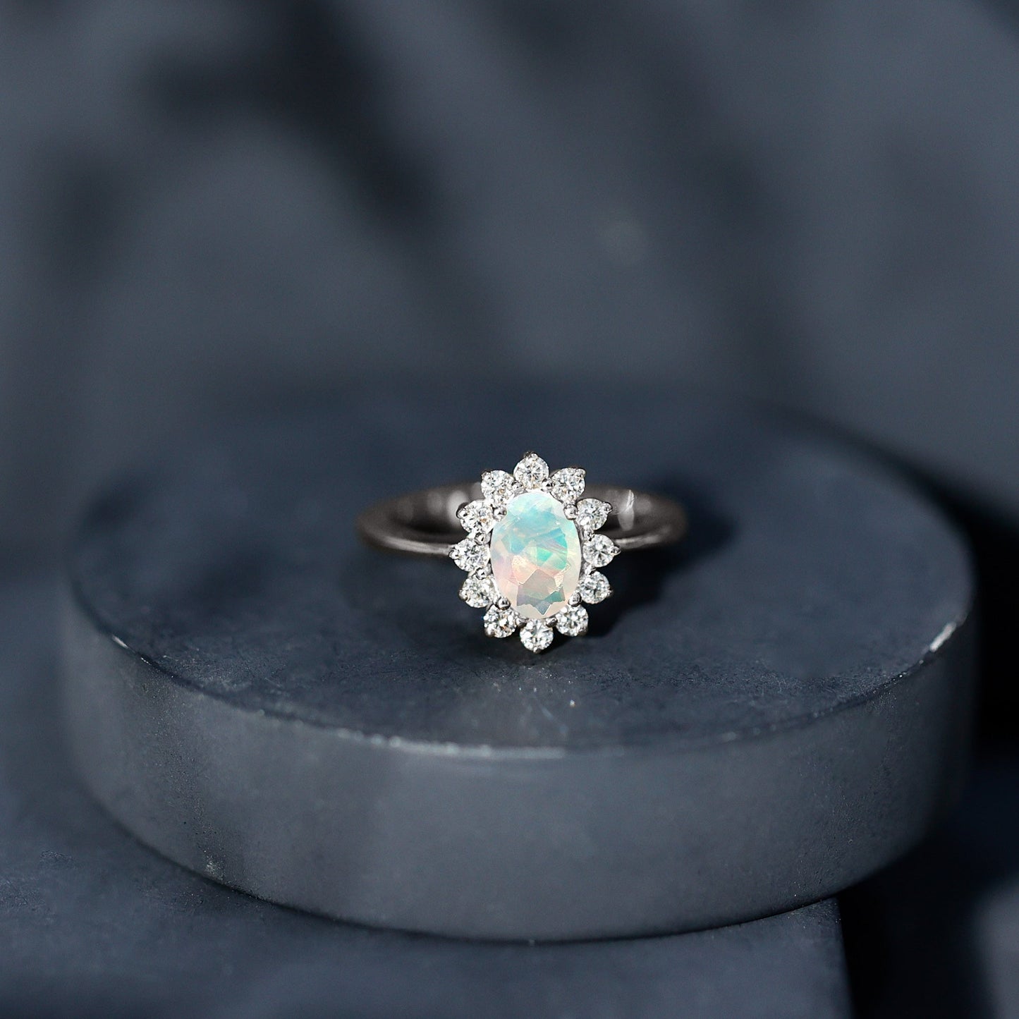 Certified Real Ethiopian Opal Oval Engagement Ring with Diamond Halo