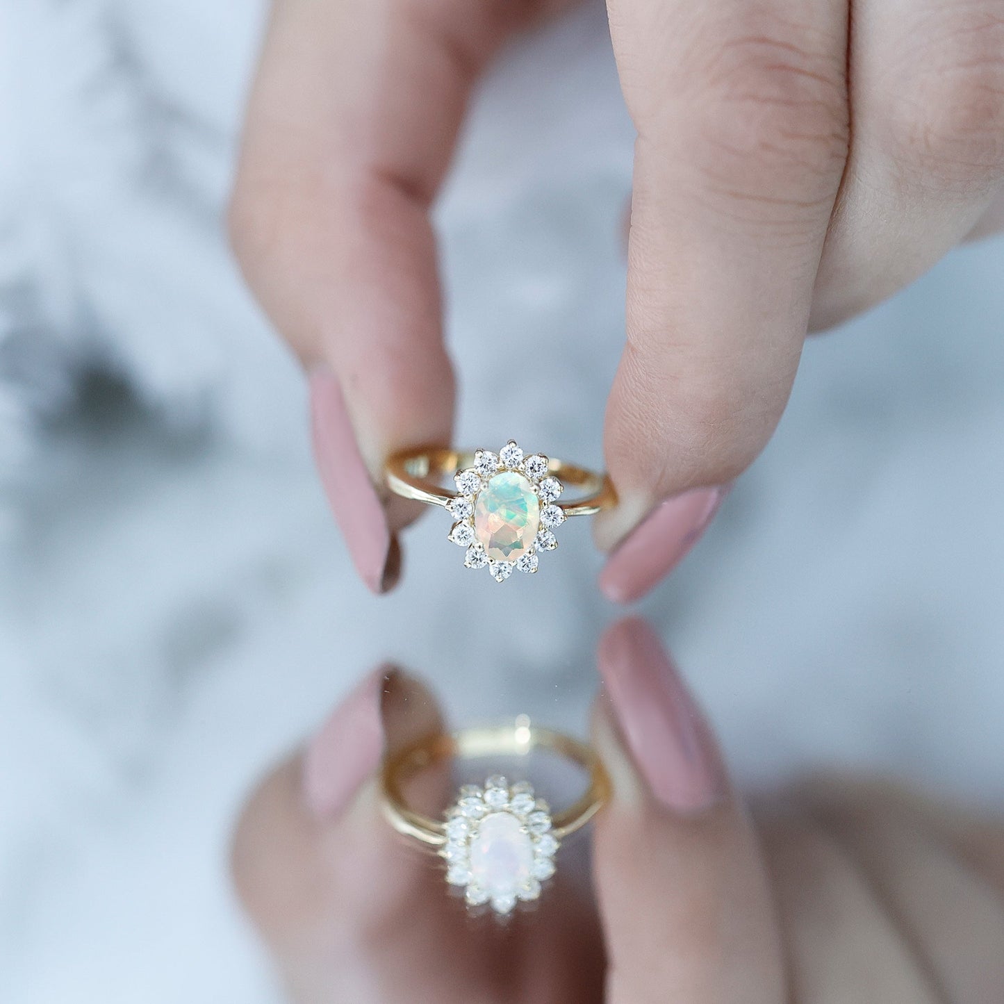 Certified Real Ethiopian Opal Oval Engagement Ring with Diamond Halo