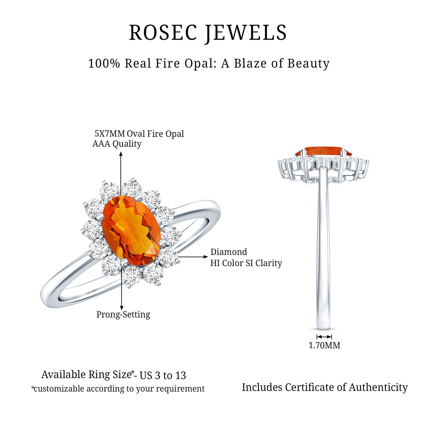 0.6 Carat Princess Diana Inspired Fire Opal and Diamond Engagement Ring