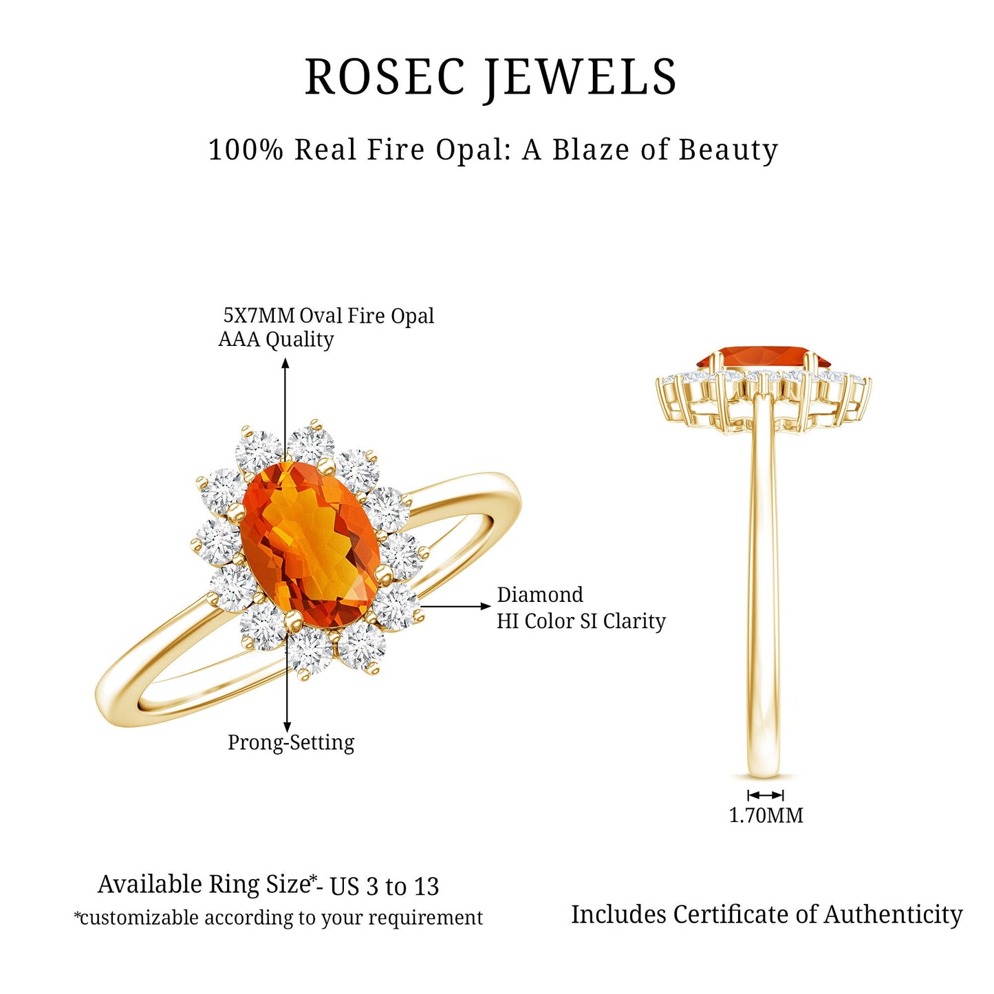 0.6 Carat Princess Diana Inspired Fire Opal and Diamond Engagement Ring