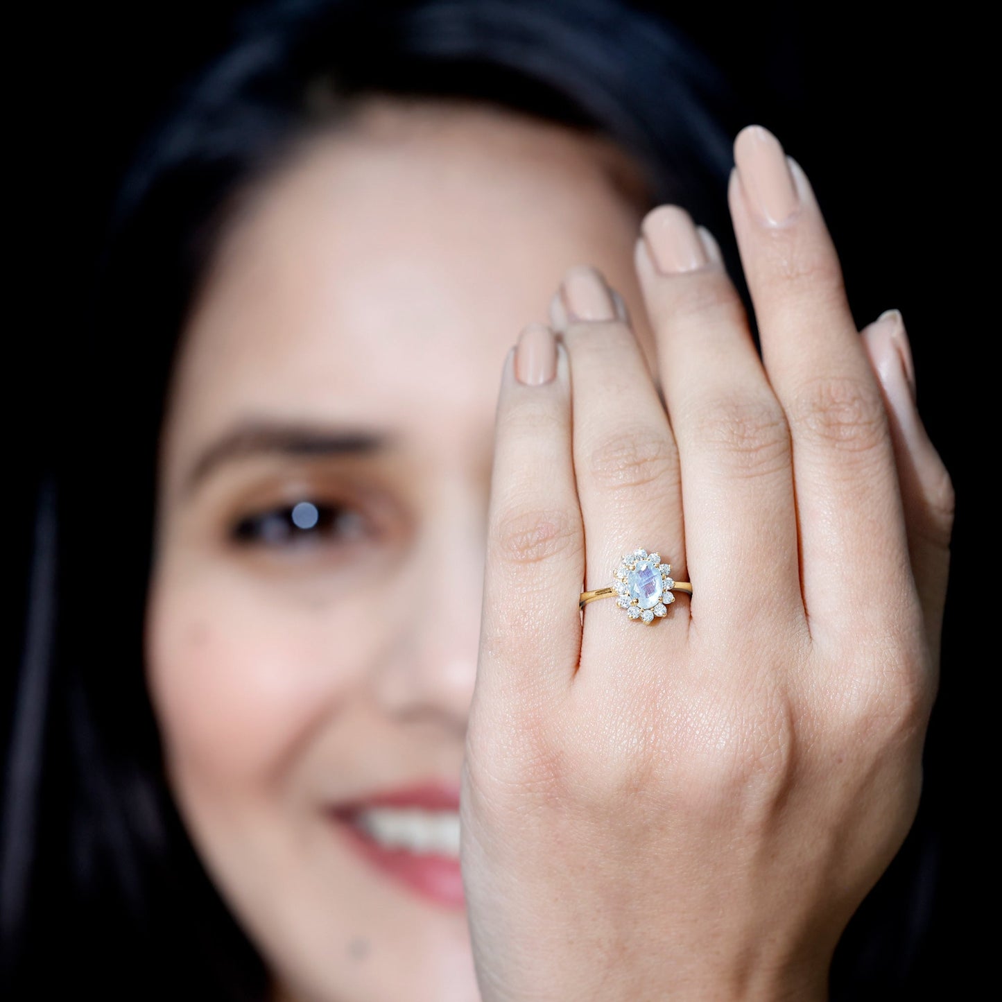 Princess Diana Inspired Moonstone Engagement Ring Diamond Halo