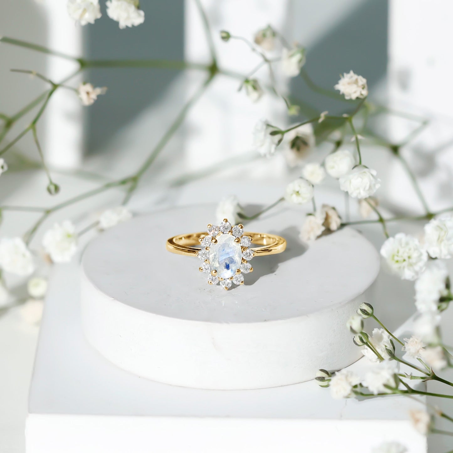 Princess Diana Inspired Moonstone Engagement Ring Diamond Halo