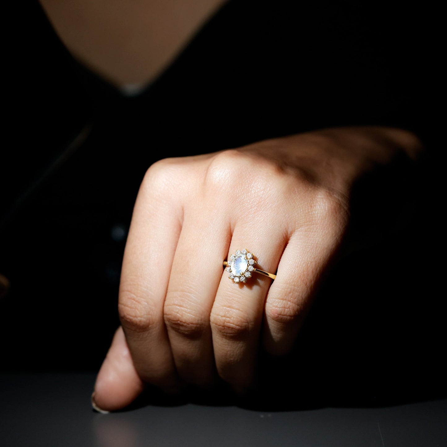 Princess Diana Inspired Moonstone Engagement Ring Diamond Halo