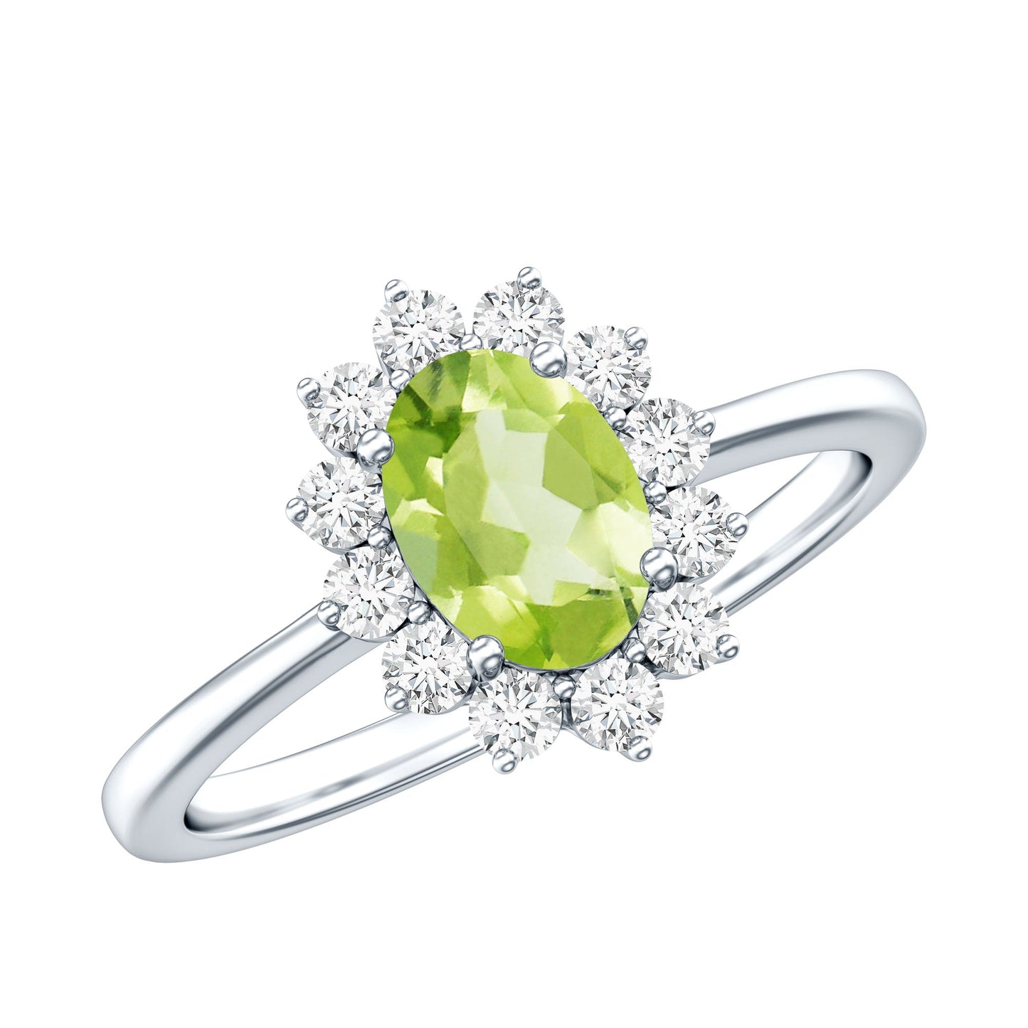 Real 1 Carat Peridot Oval Engagement Ring with Diamond Halo