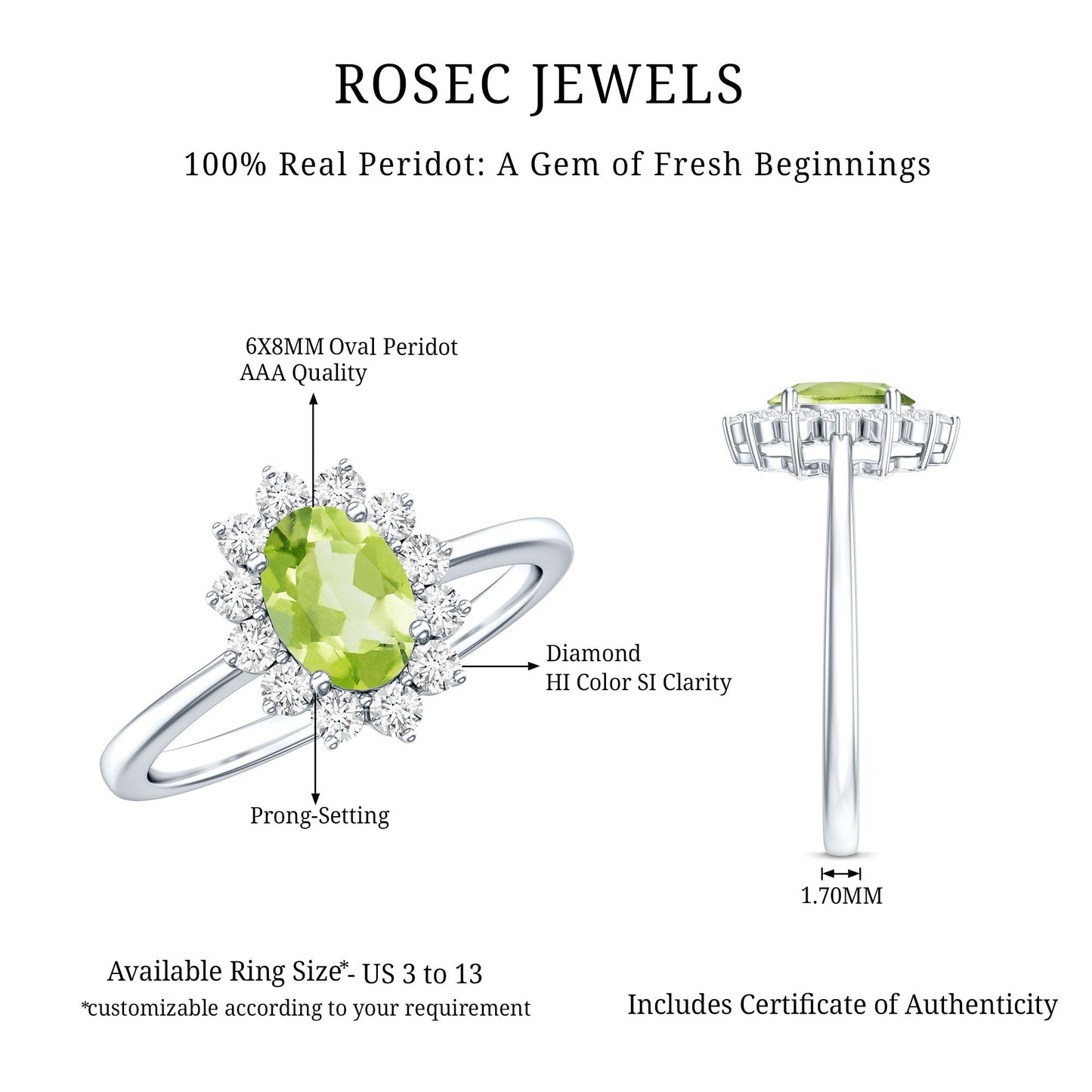 Real 1 Carat Peridot Oval Engagement Ring with Diamond Halo