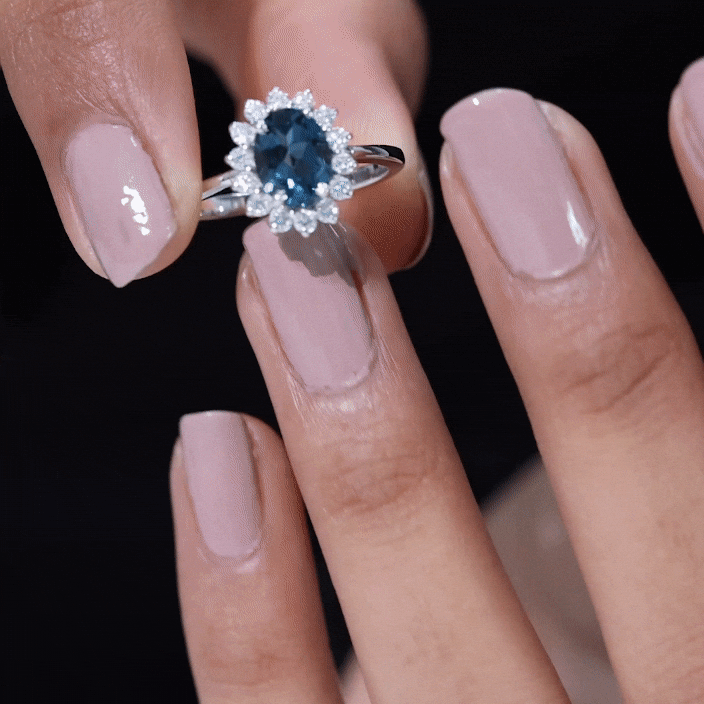 Real 1 Carat London Blue Topaz Princess Diana Inspired Engagement Ring with Diamond
