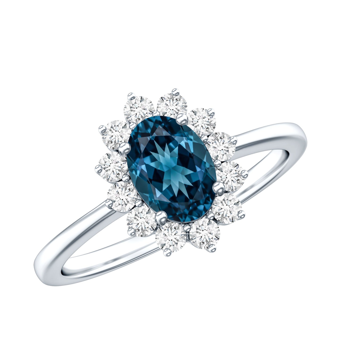 Real 1 Carat London Blue Topaz Princess Diana Inspired Engagement Ring with Diamond