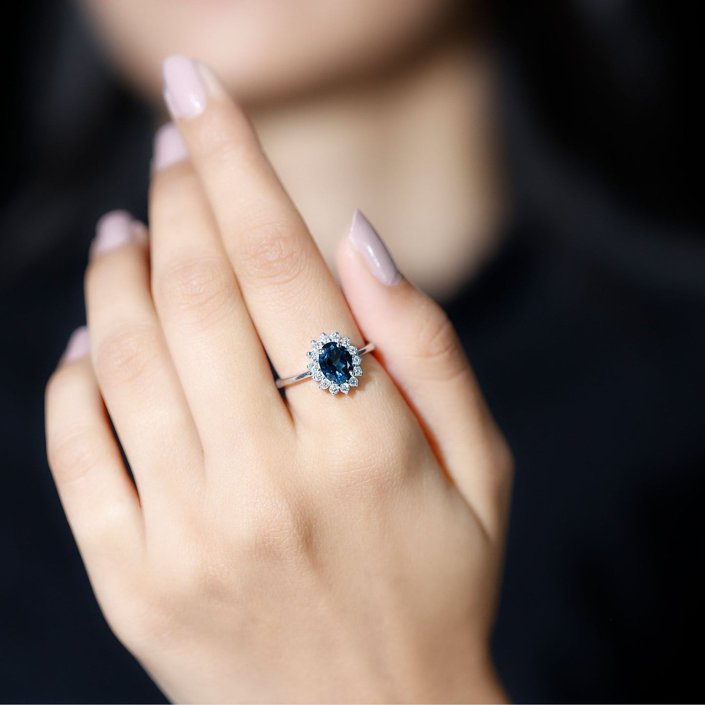 Real 1 Carat London Blue Topaz Princess Diana Inspired Engagement Ring with Diamond