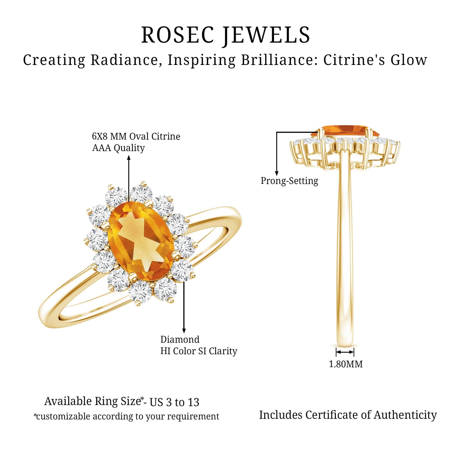 Real 1 Carat Citrine Oval Shape Engagement Ring with Diamond Halo