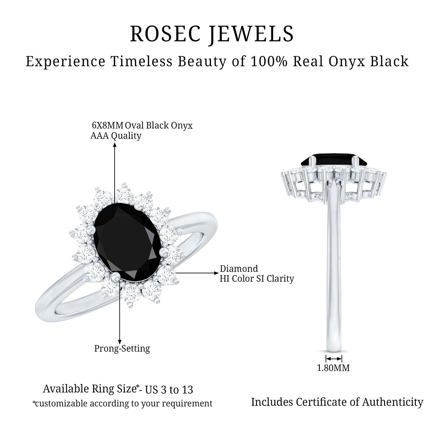 Oval Cut Real Black Onyx and Diamond Halo Engagement Ring
