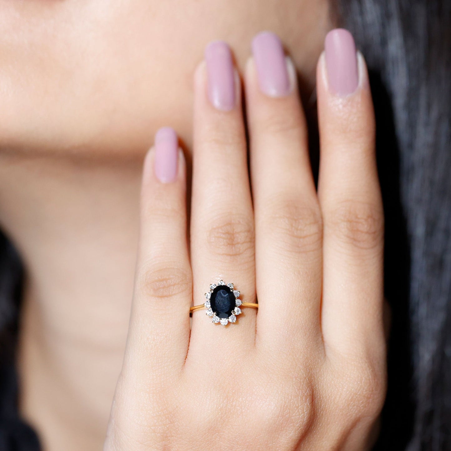Oval Cut Real Black Onyx and Diamond Halo Engagement Ring