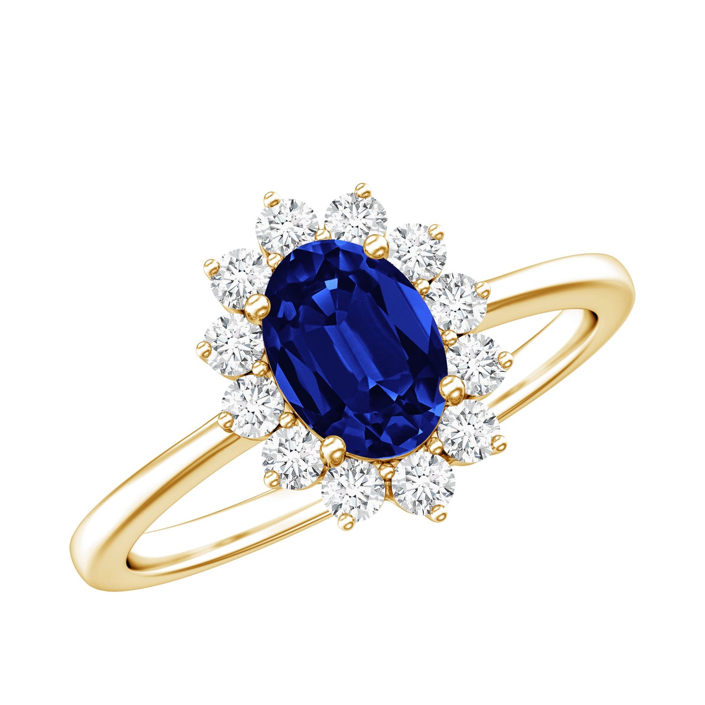 Certified 1 Carat Lab Grown Blue Sapphire Oval Engagement Ring with Diamond Halo