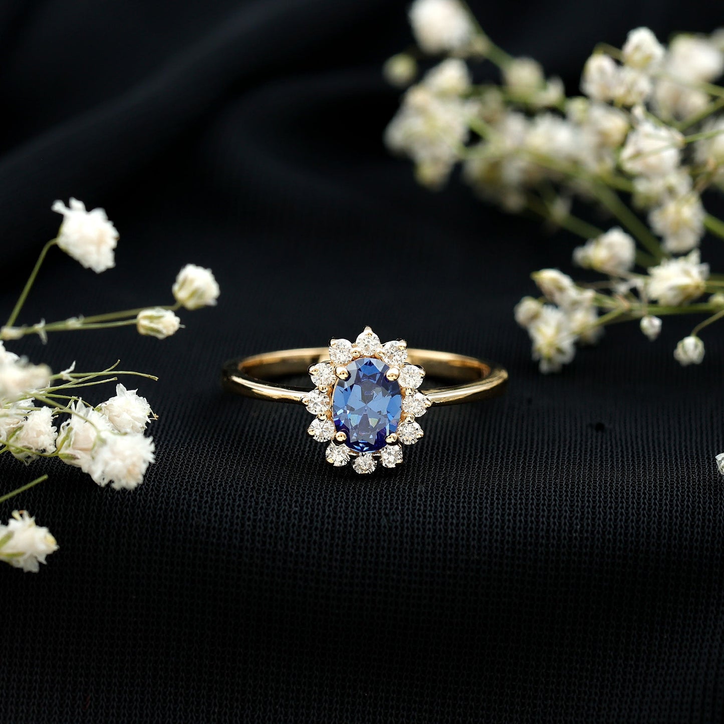 Certified 1 Carat Lab Grown Blue Sapphire Oval Engagement Ring with Diamond Halo