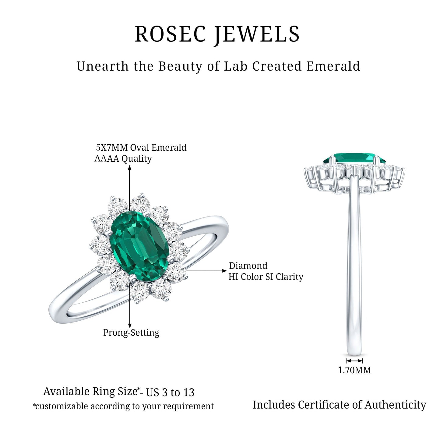 Lab Created Emerald Princess Diana Inspired Engagement Ring with Diamond