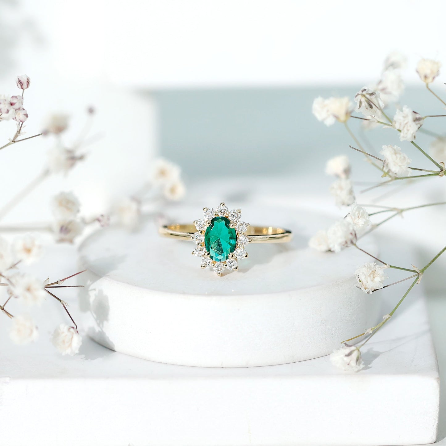 Lab Created Emerald Princess Diana Inspired Engagement Ring with Diamond