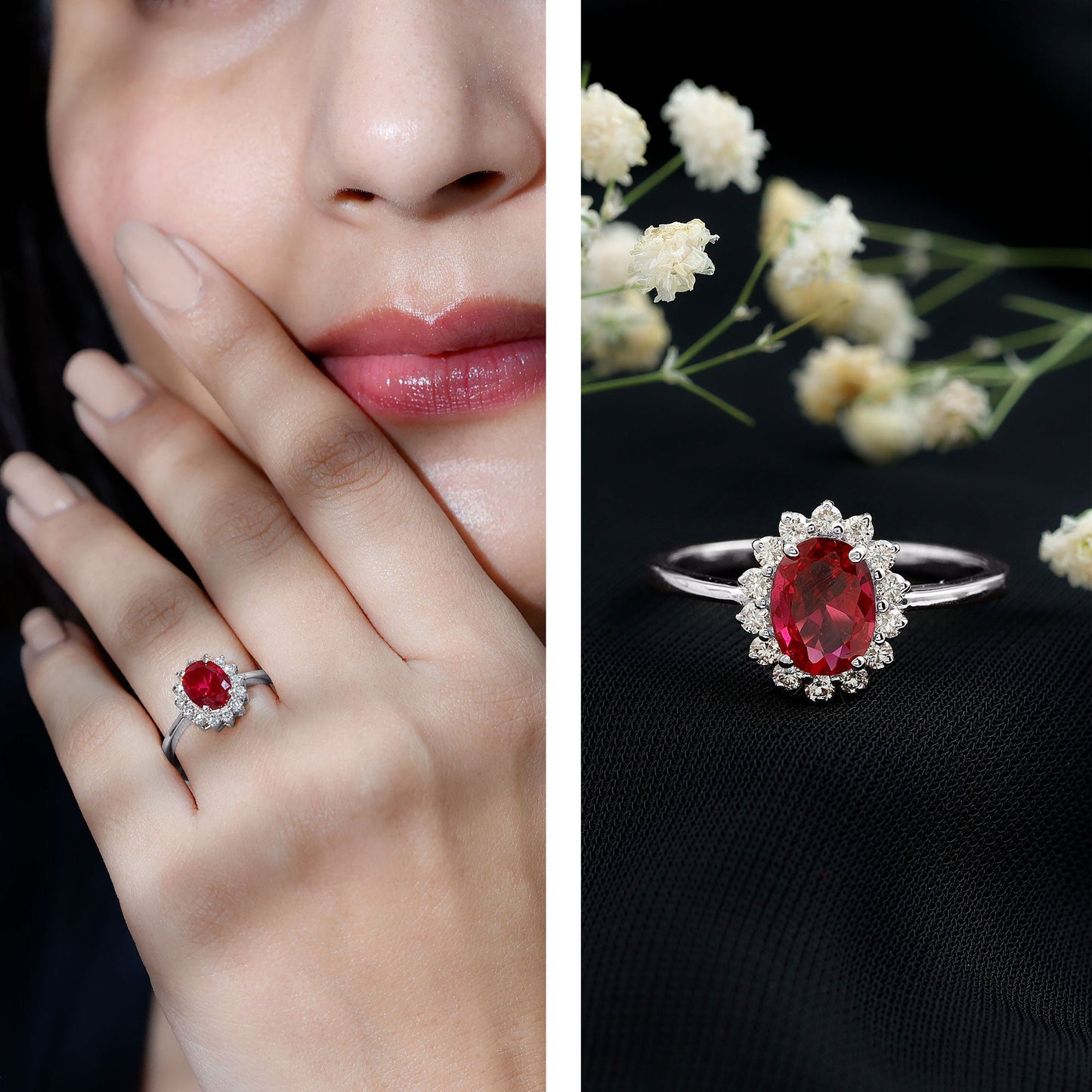 1.5 Carat Oval Shape Lab Grown Ruby and Diamond Halo Engagement Ring