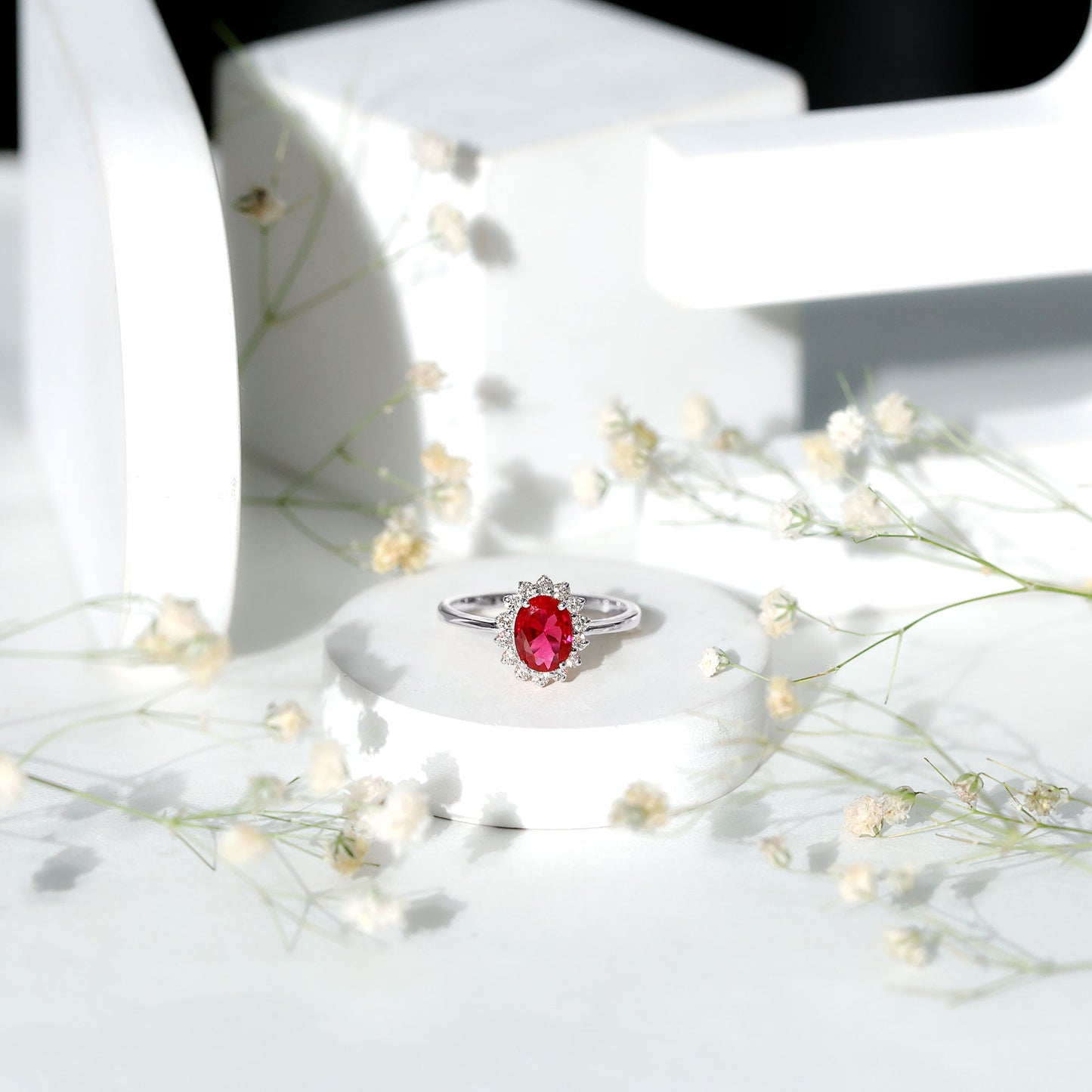 1.5 Carat Oval Shape Lab Grown Ruby and Diamond Halo Engagement Ring