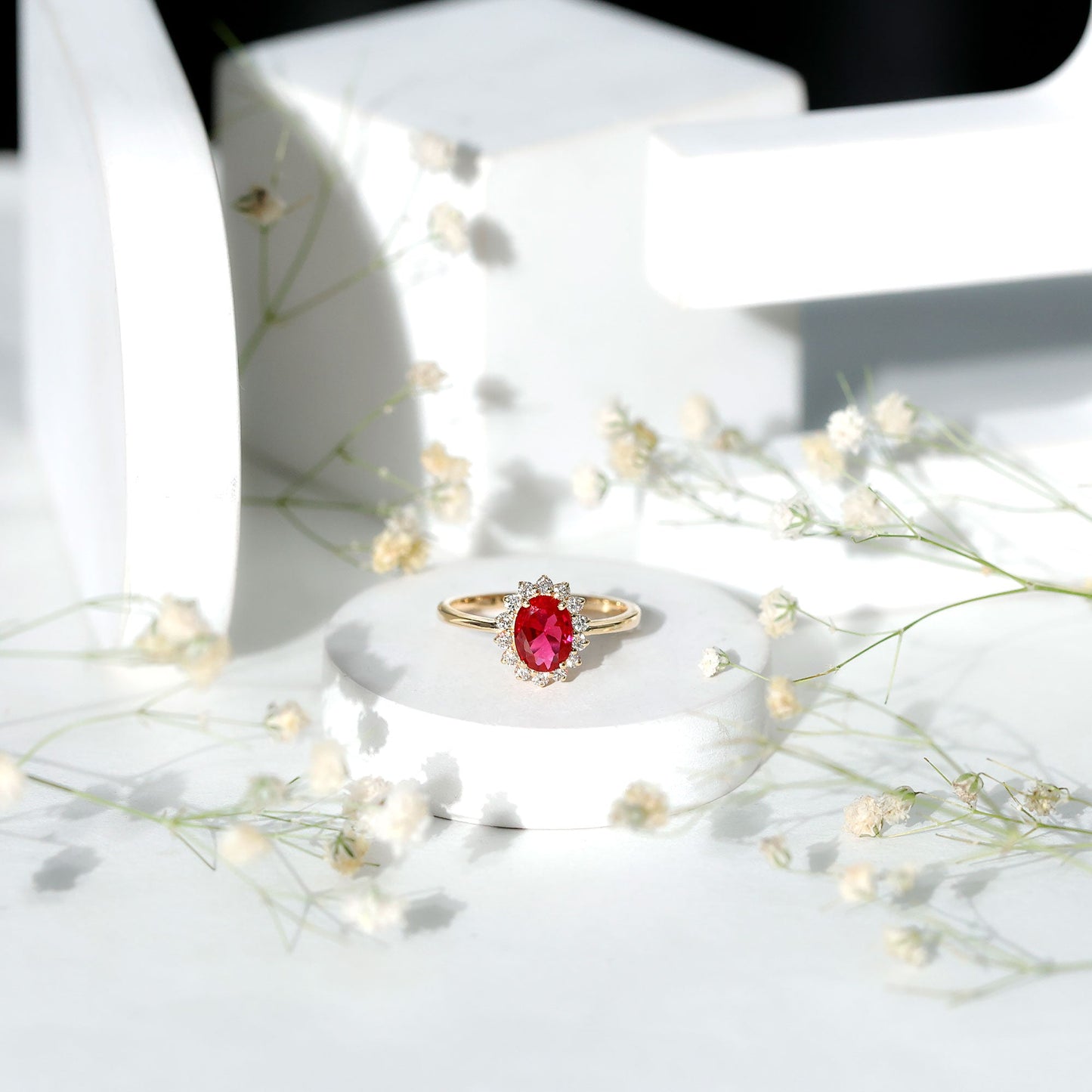 1.5 Carat Oval Shape Lab Grown Ruby and Diamond Halo Engagement Ring