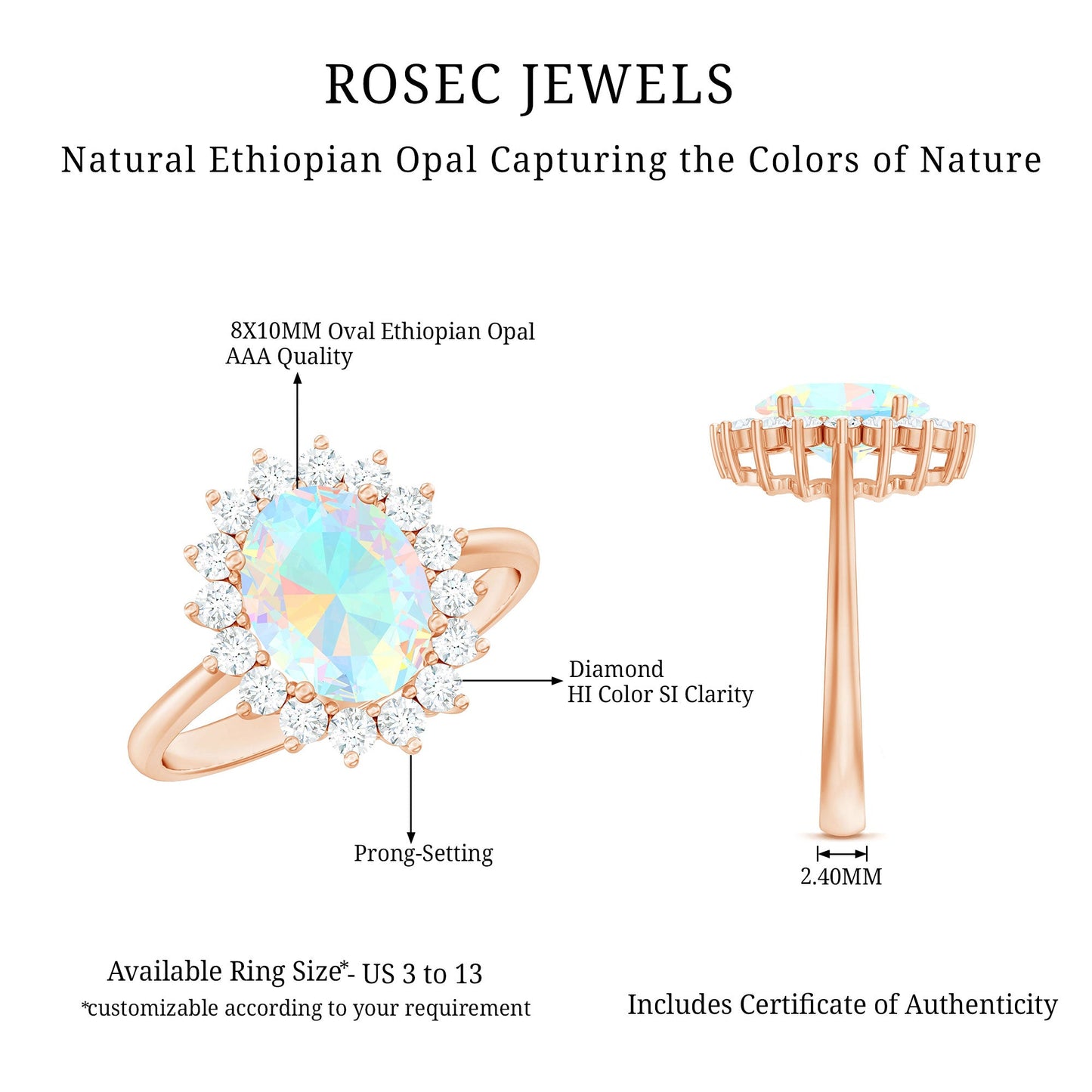 Natural 1.3 Carat Ethiopian Rainbow Opal Oval Engagement Ring with Diamond Halo