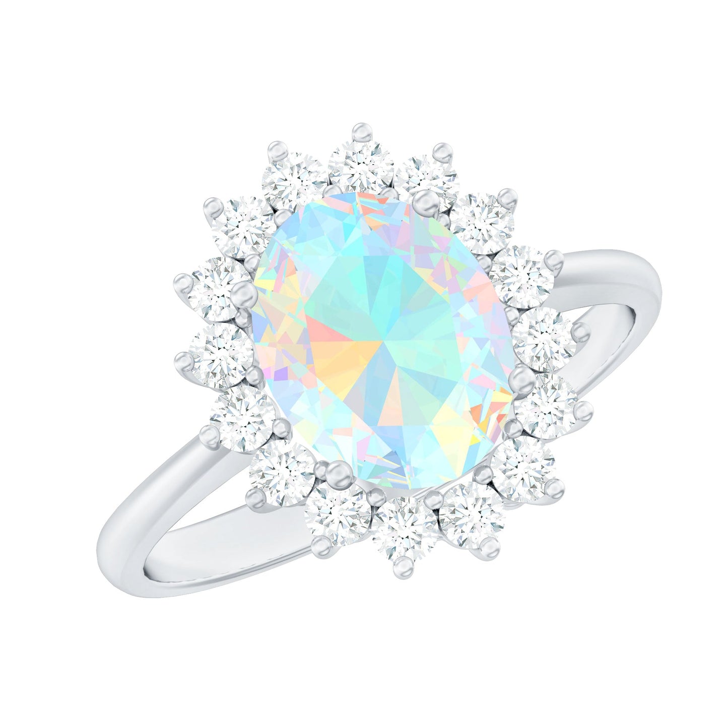 Natural 1.3 Carat Ethiopian Rainbow Opal Oval Engagement Ring with Diamond Halo