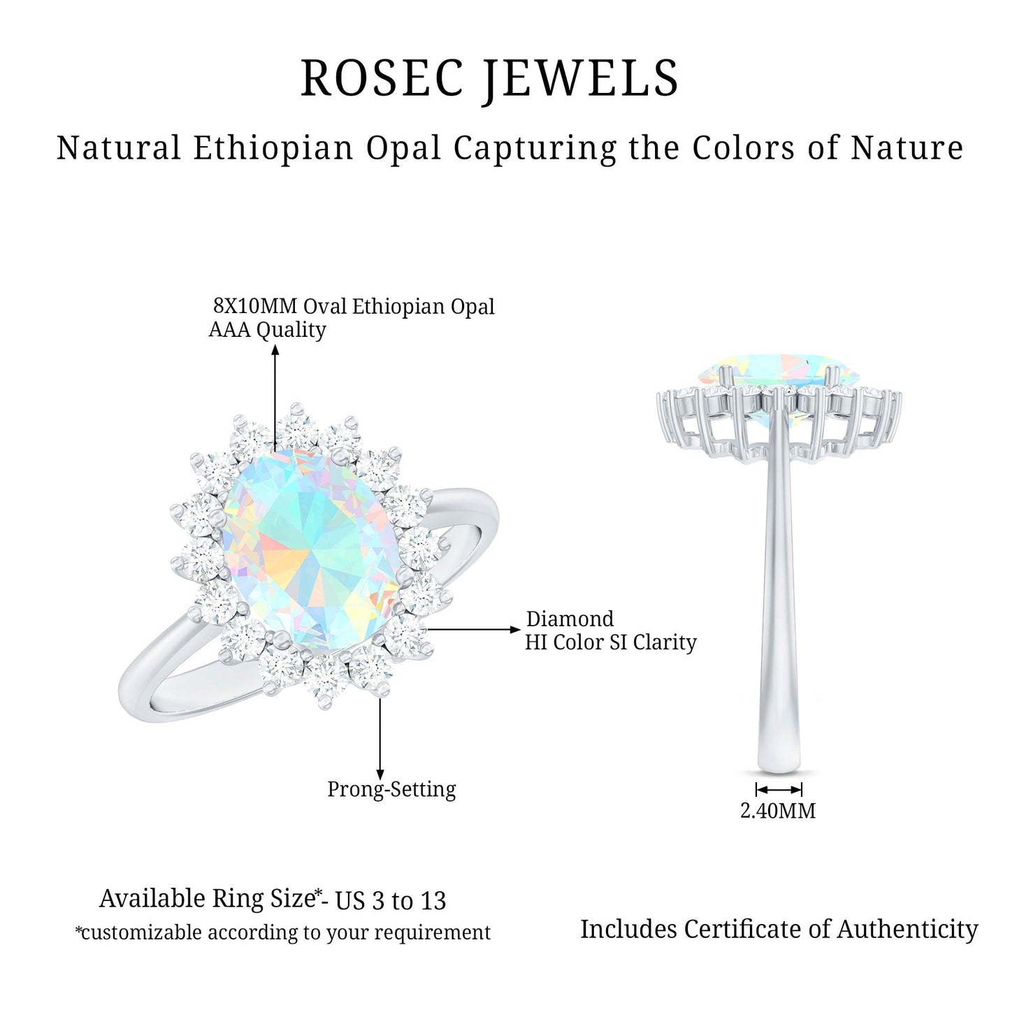 Natural 1.3 Carat Ethiopian Rainbow Opal Oval Engagement Ring with Diamond Halo