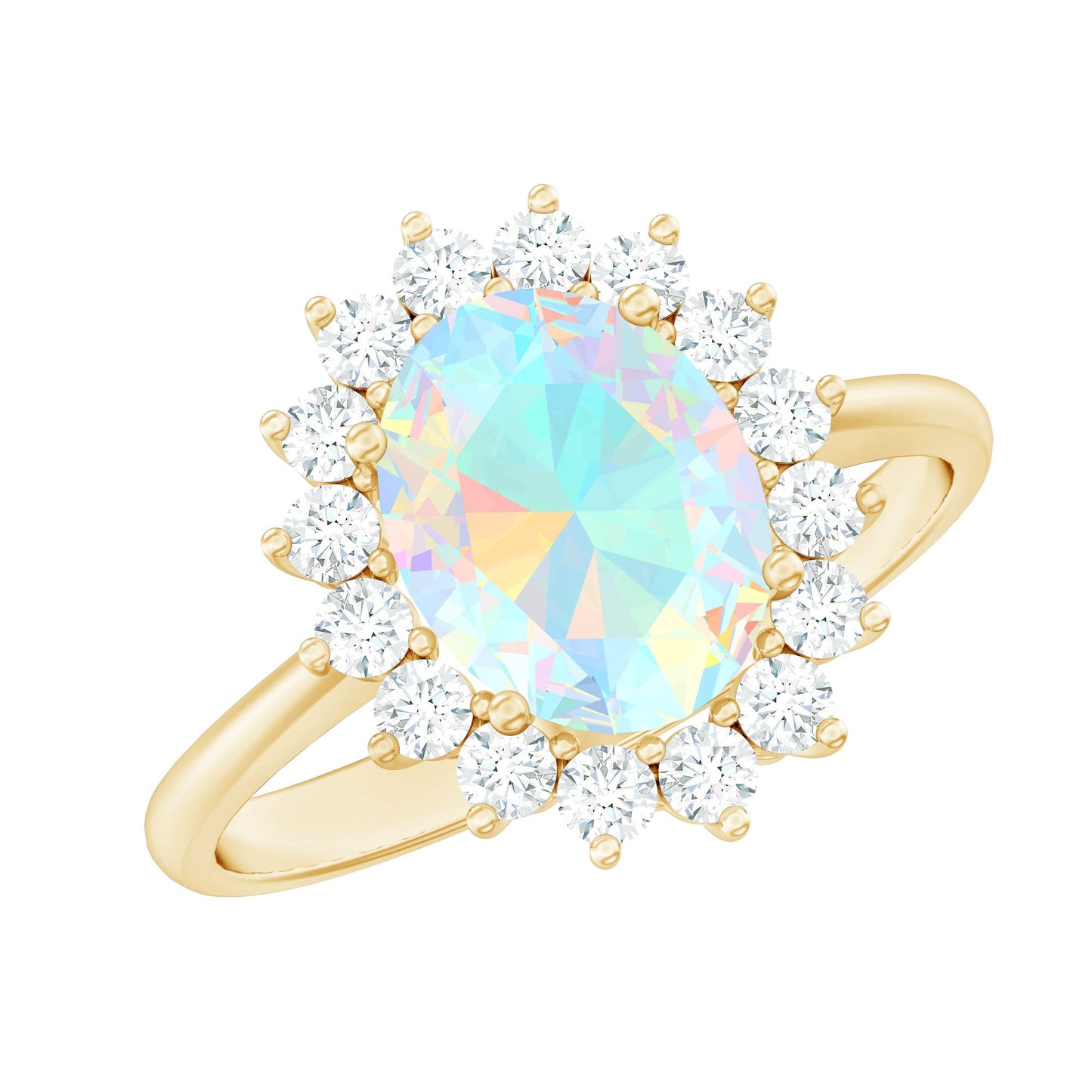 Natural 1.3 Carat Ethiopian Rainbow Opal Oval Engagement Ring with Diamond Halo