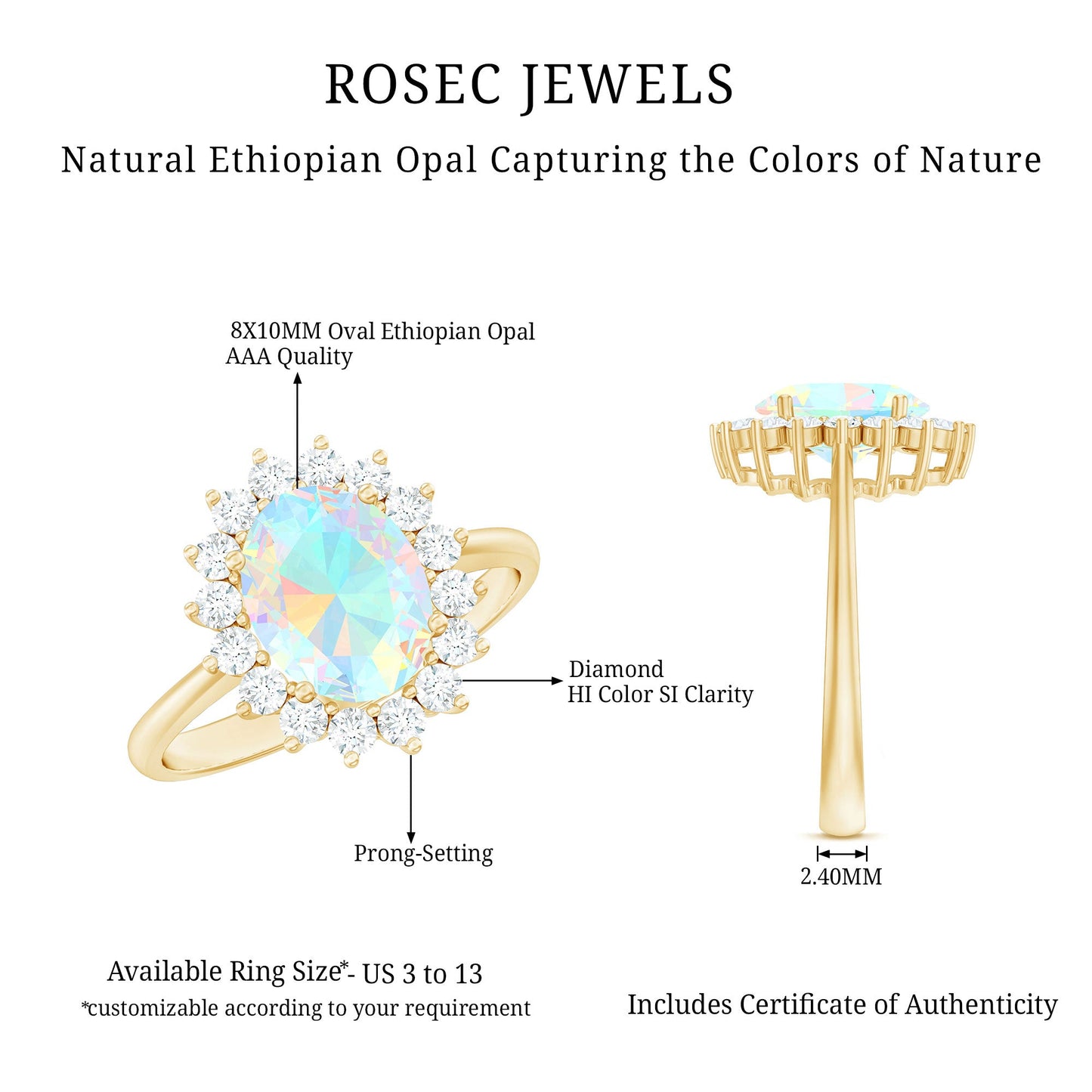 Natural 1.3 Carat Ethiopian Rainbow Opal Oval Engagement Ring with Diamond Halo