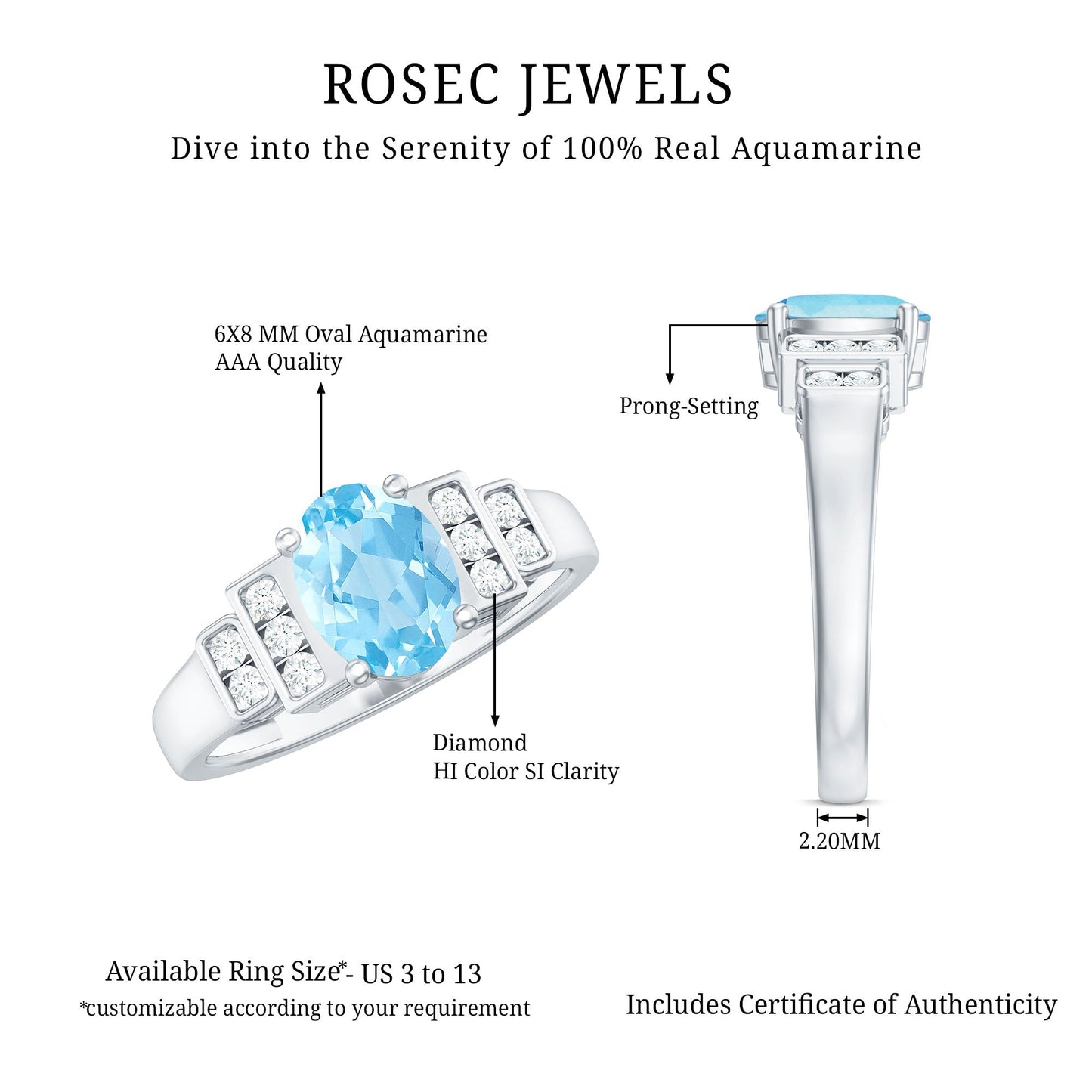 Real 1 Carat Aquamarine Statement Engagement Ring with Diamond