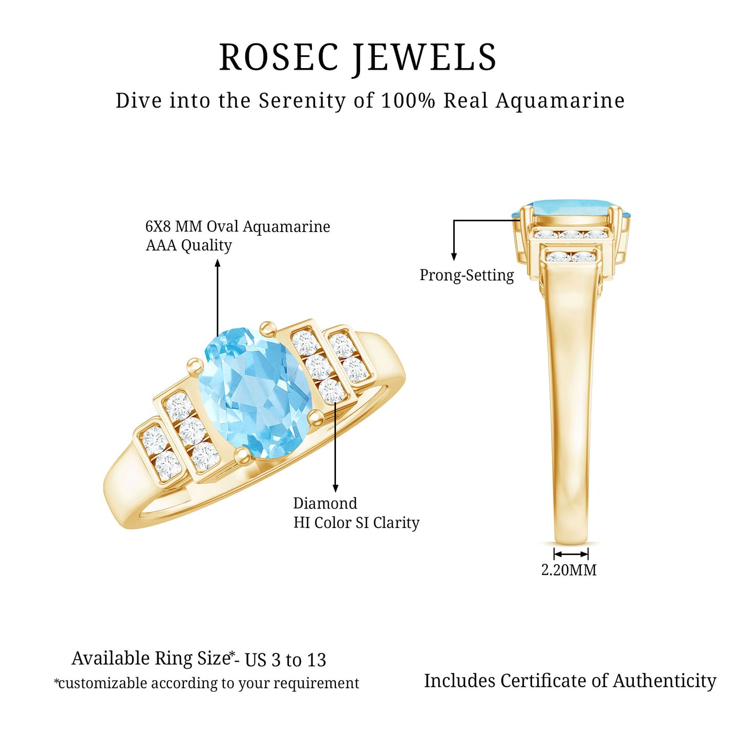 Real 1 Carat Aquamarine Statement Engagement Ring with Diamond