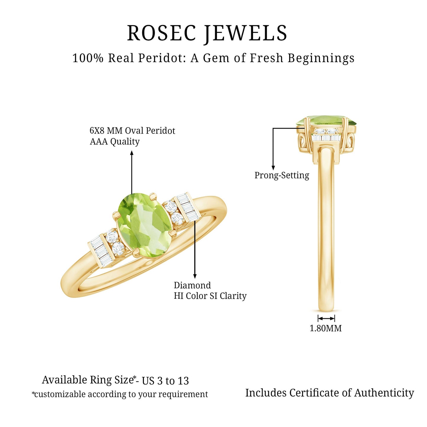 Genuine 1 Carat Peridot Oval Engagement Ring with Diamond