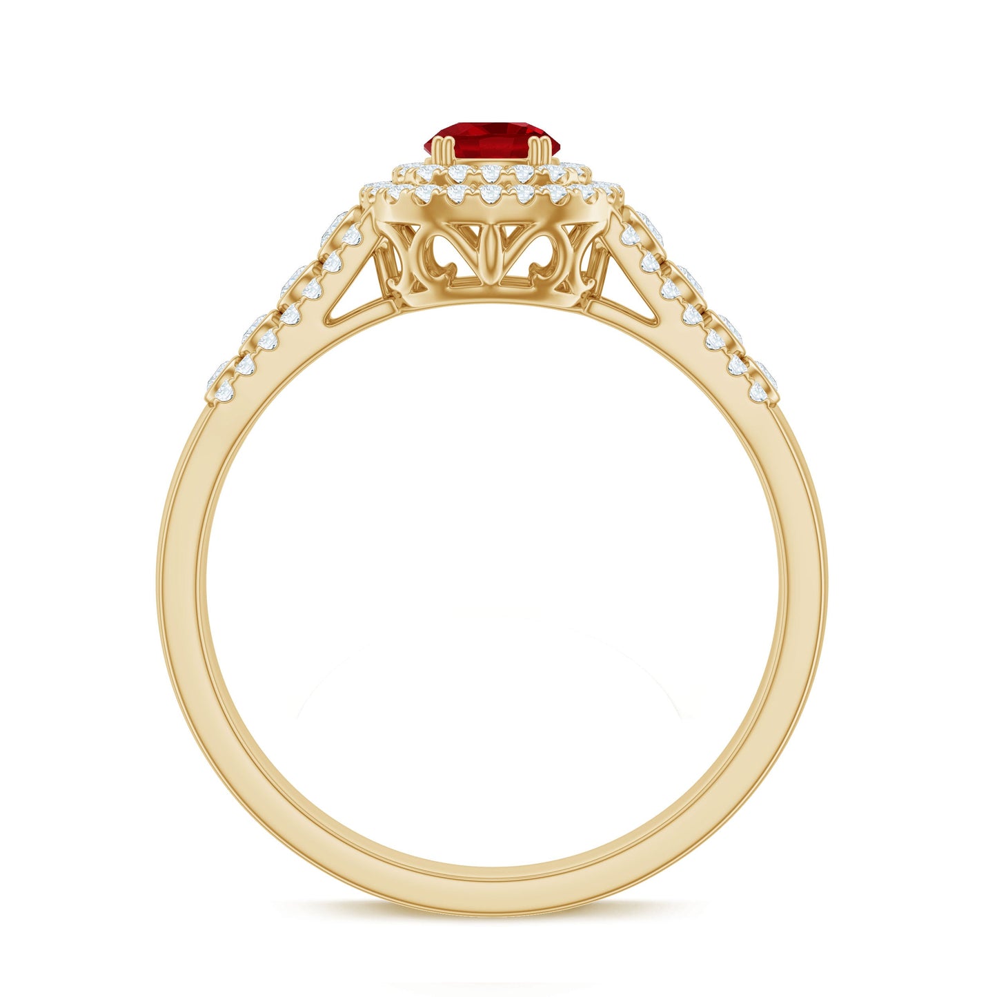 Antique Style Lab Ruby and Moissanite Double Halo Engagement Ring