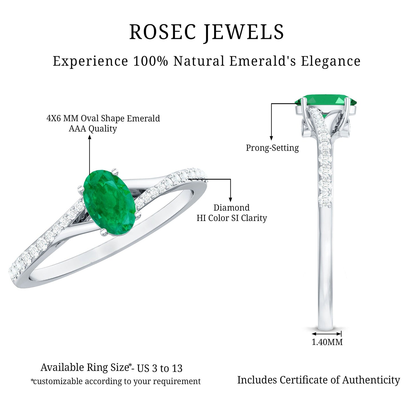 Natural Oval Emerald Promise Ring with Diamond Split Shank