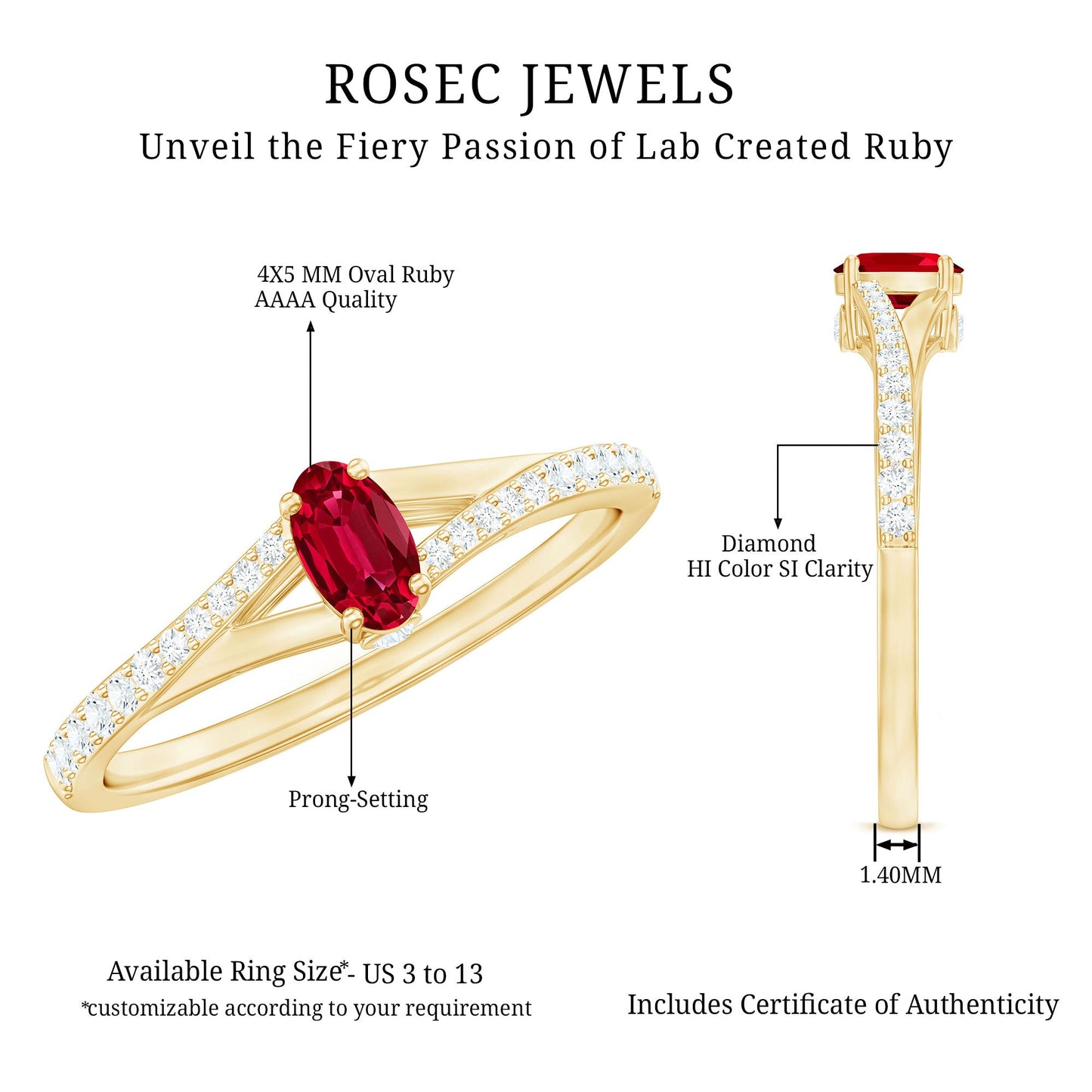 0.42 Carat Lab Grown Ruby and Diamond Solitaire Ring with Split Shank