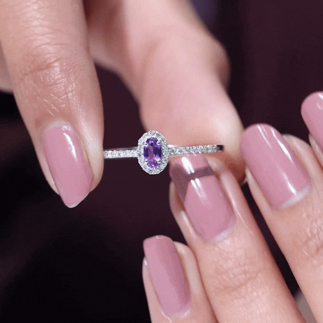 Genuine Oval Amethyst Promise Ring with Diamond Halo