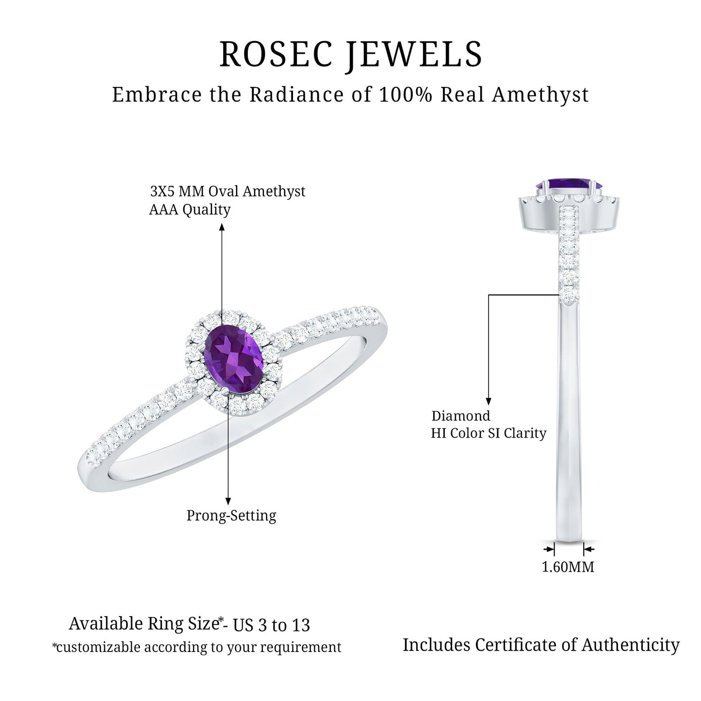 Genuine Oval Amethyst Promise Ring with Diamond Halo