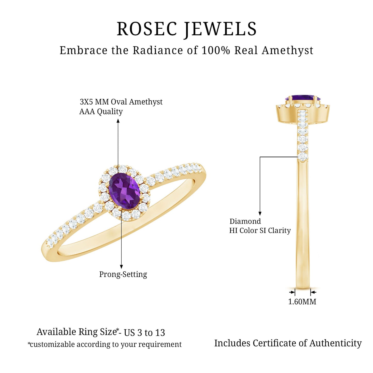 Genuine Oval Amethyst Promise Ring with Diamond Halo