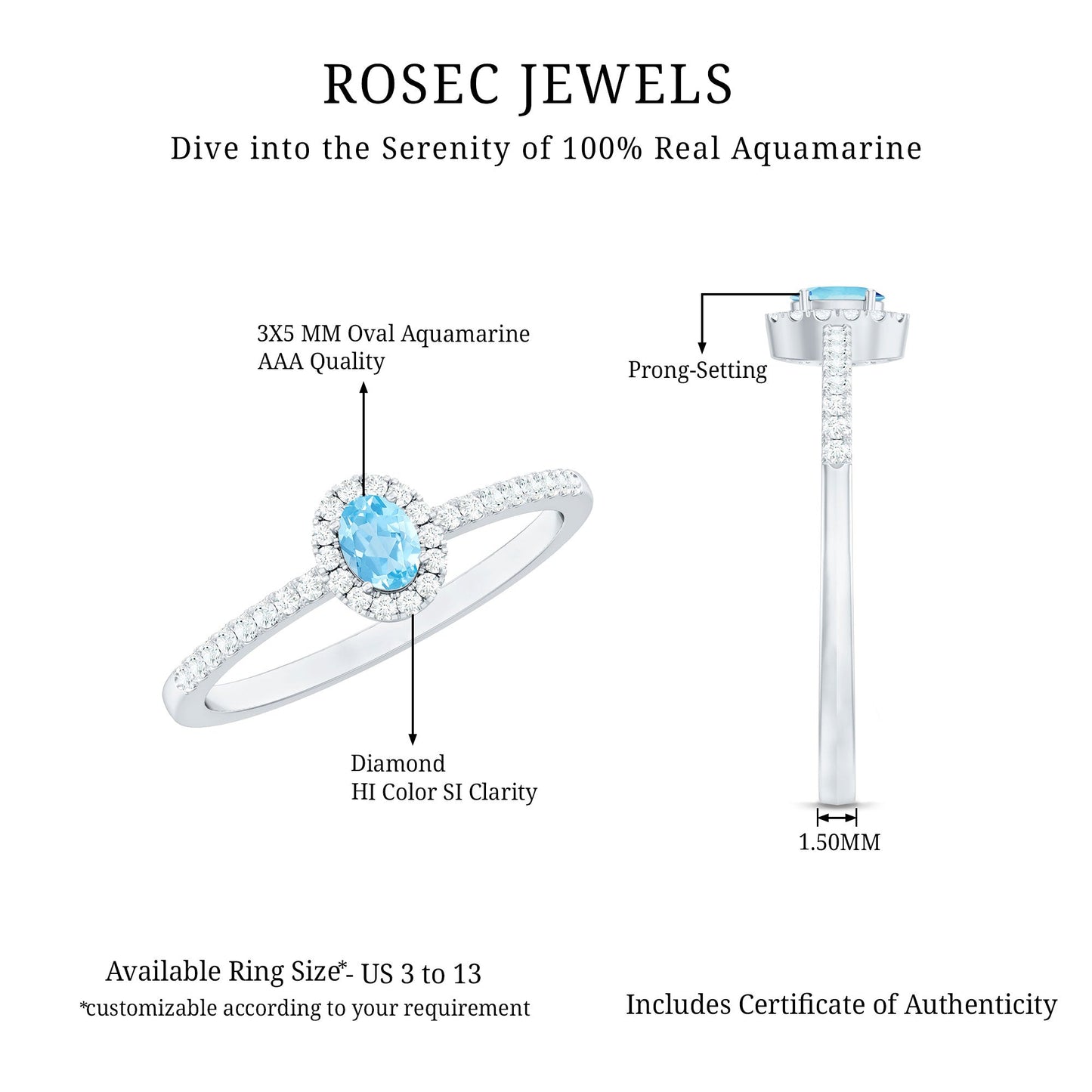 Natural Aquamarine Promise Ring with Diamond Halo
