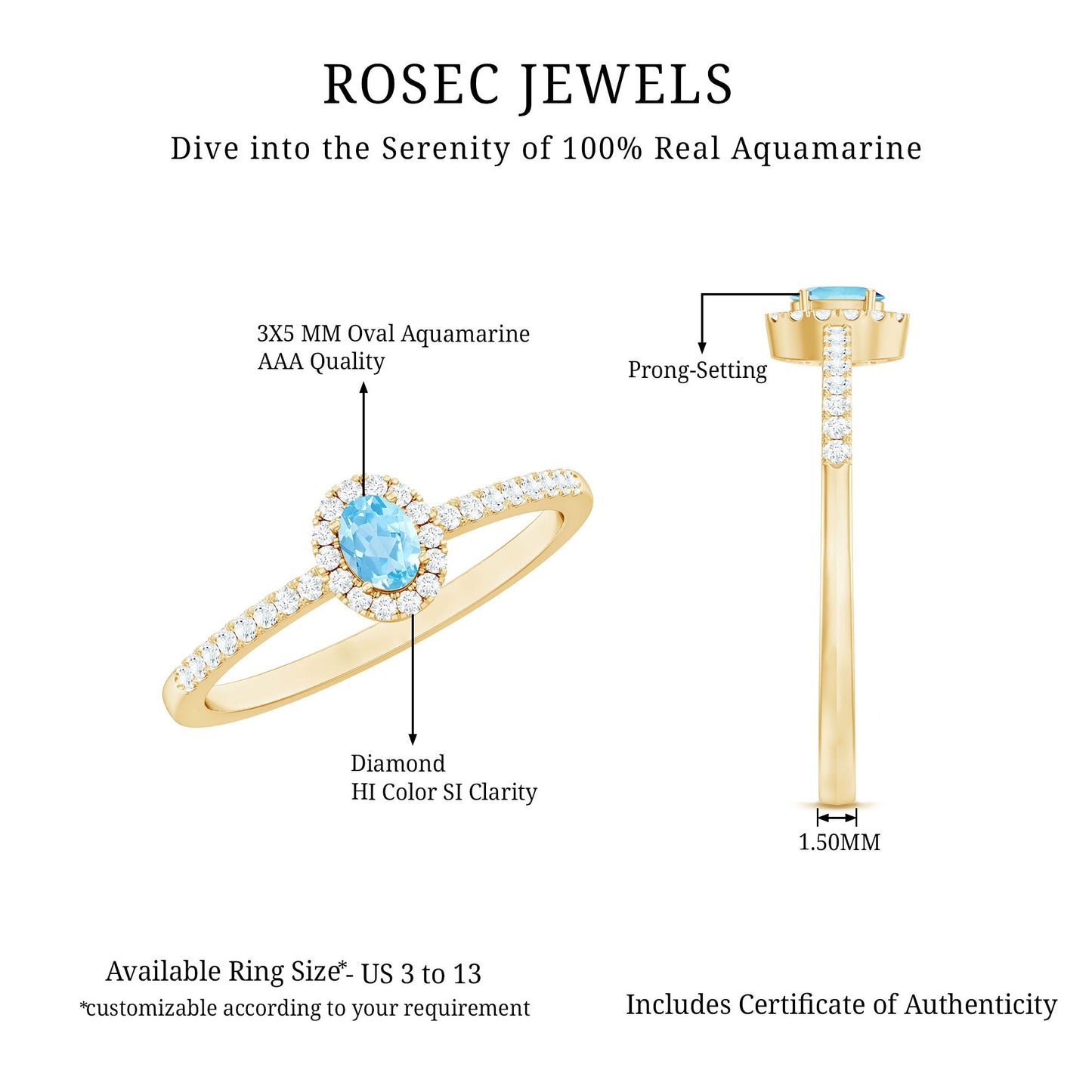 Natural Aquamarine Promise Ring with Diamond Halo