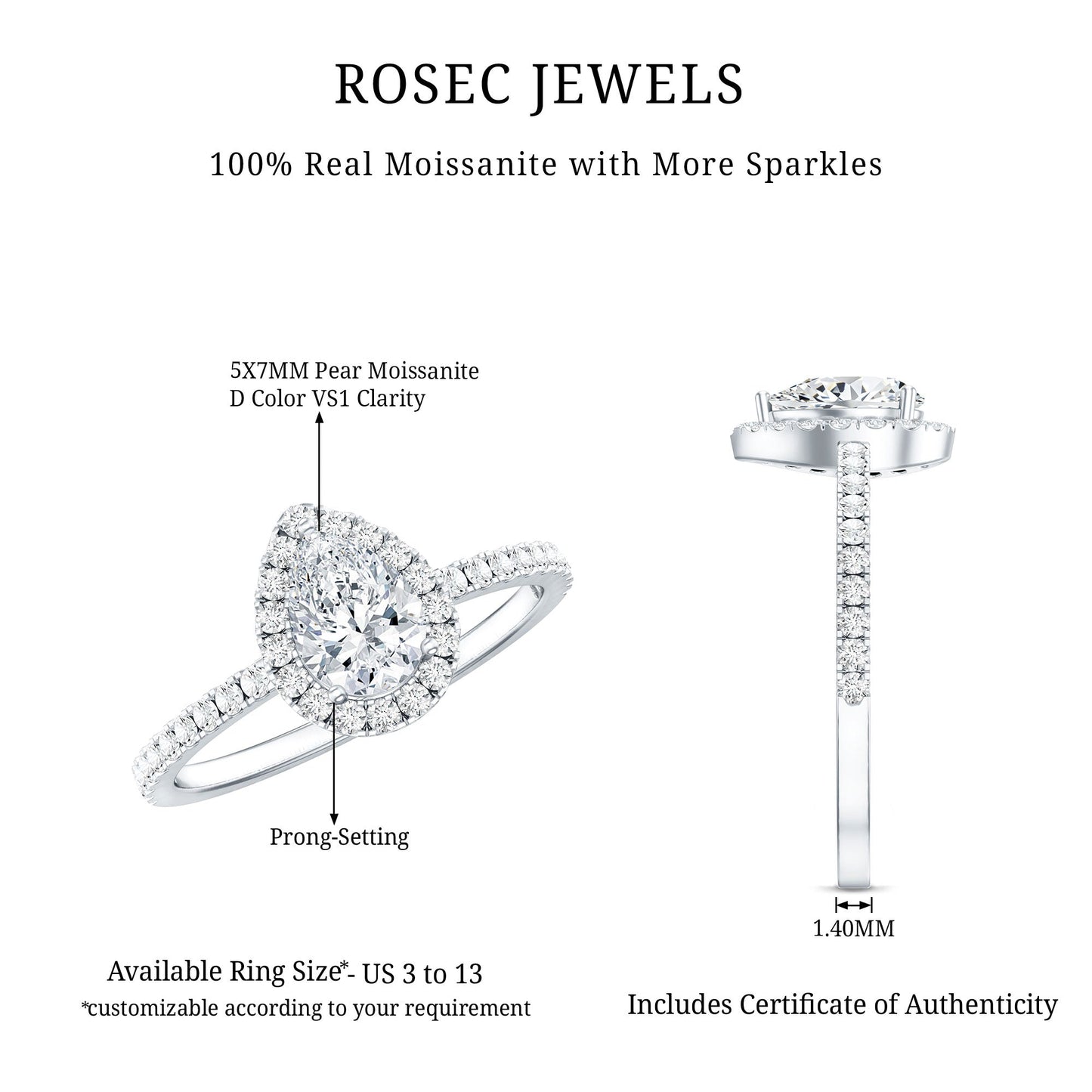 Certified 0.7 Carat Pear Shaped Moissanite Halo Engagement Ring