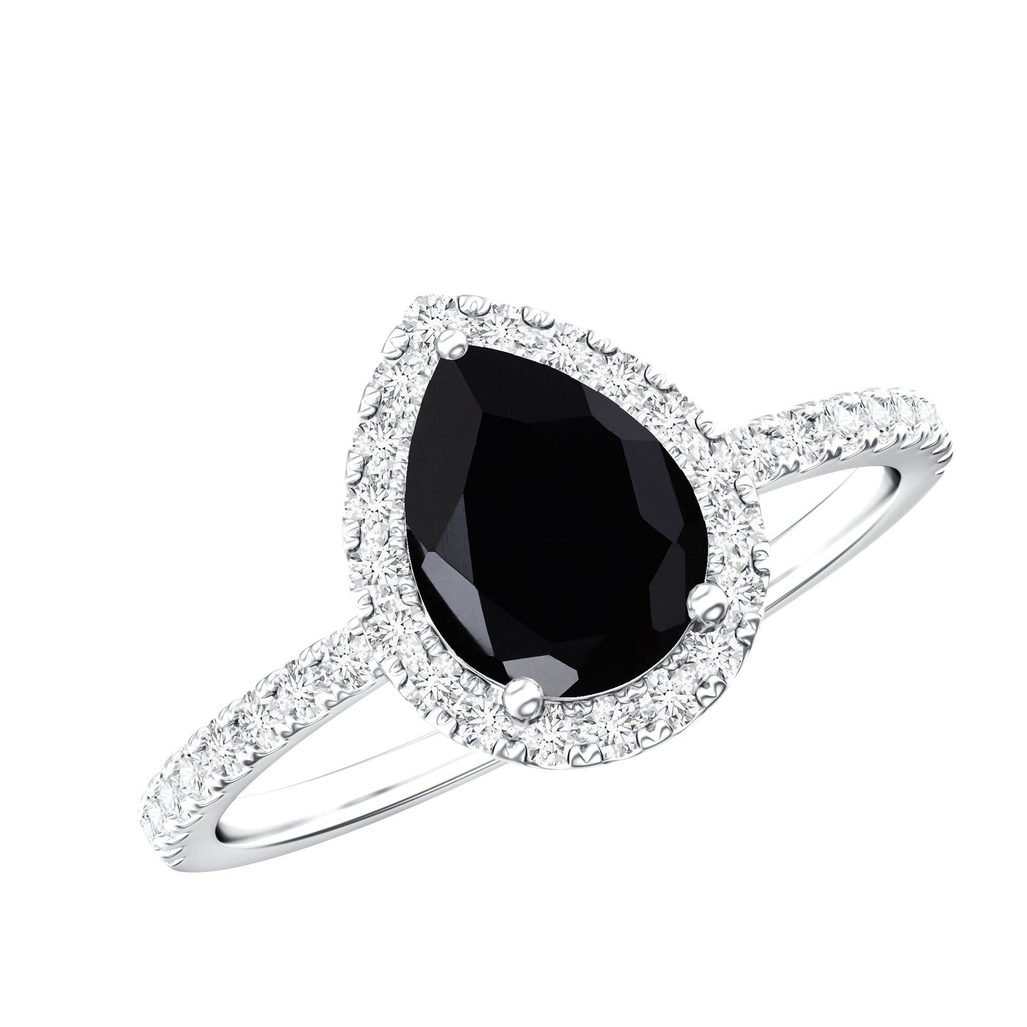 Certified 0.85 Carat Lab Grown Black Diamond Teardrop Engagement Ring with White Diamond Halo