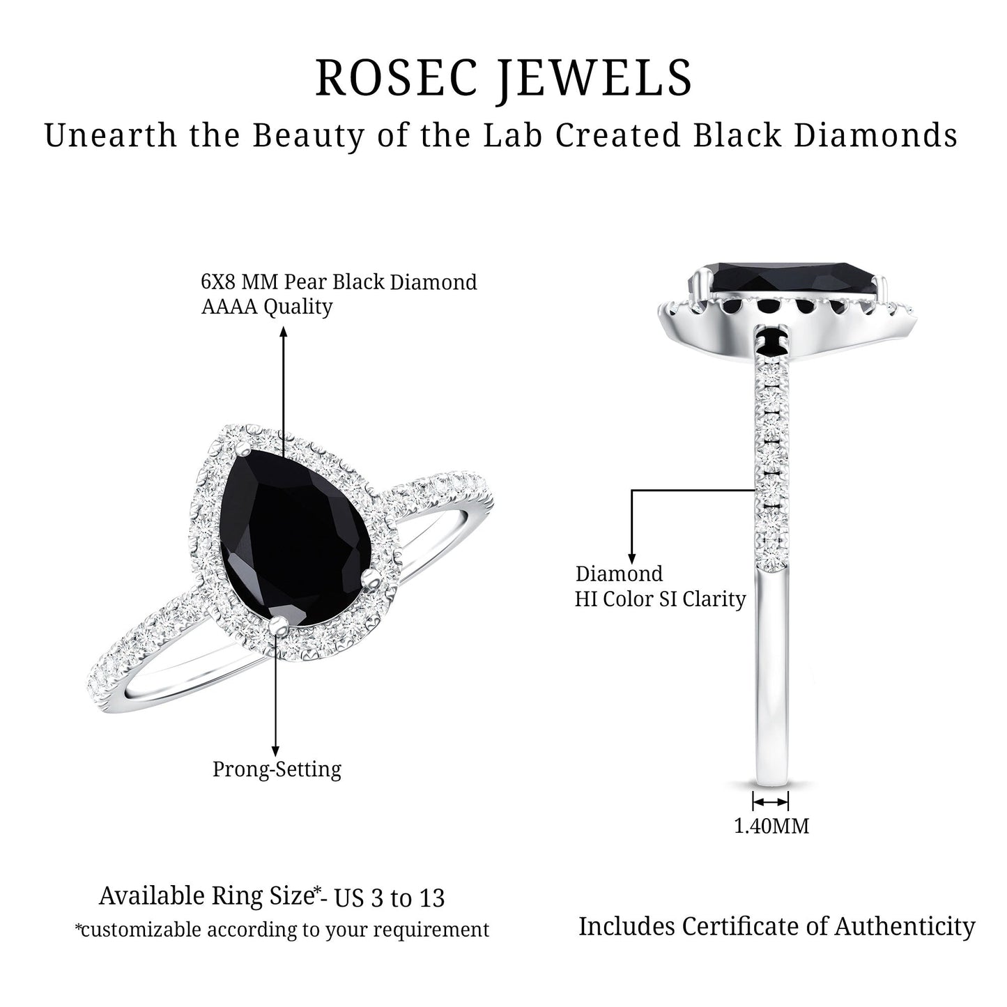 Certified 0.85 Carat Lab Grown Black Diamond Teardrop Engagement Ring with White Diamond Halo