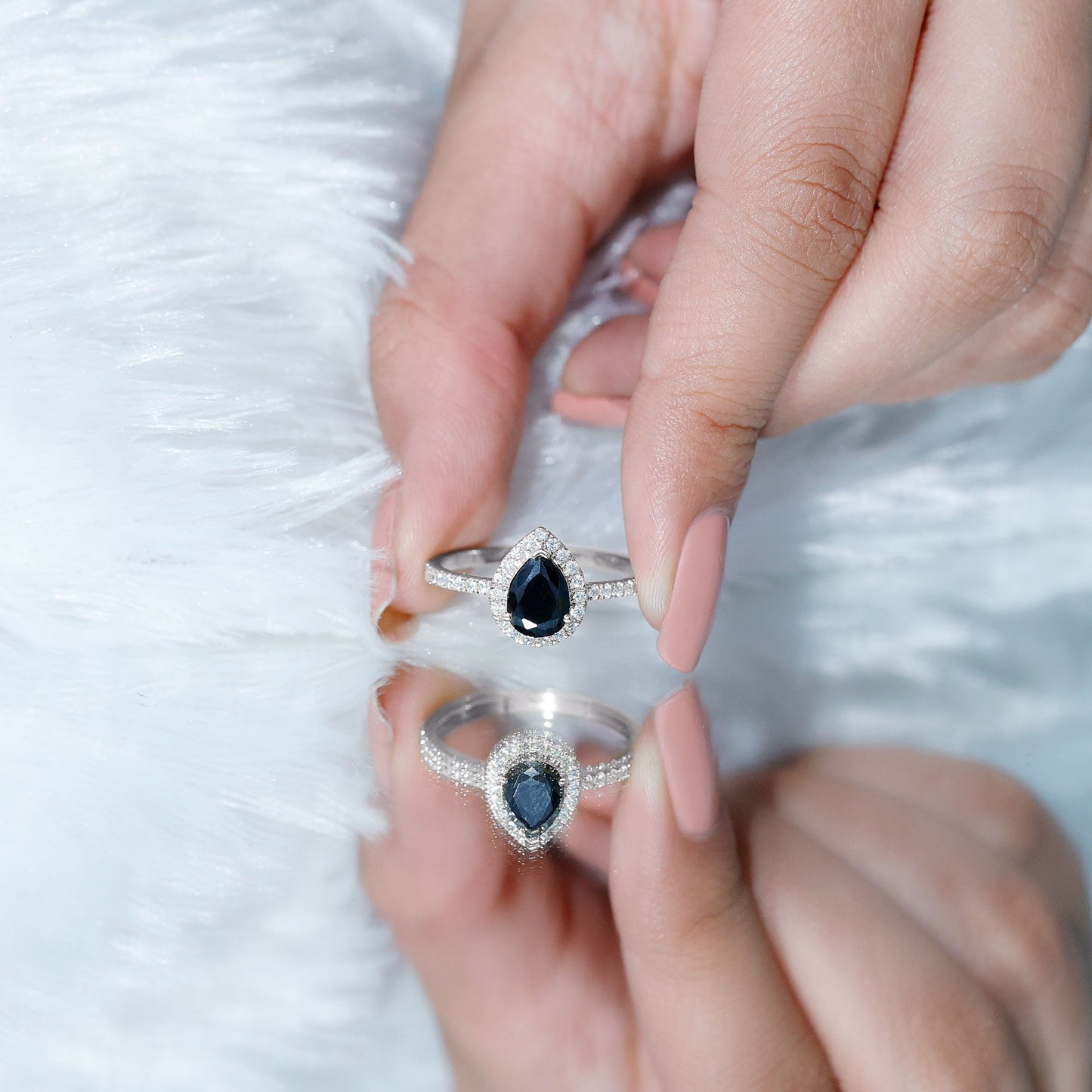 Certified 0.85 Carat Lab Grown Black Diamond Teardrop Engagement Ring with White Diamond Halo