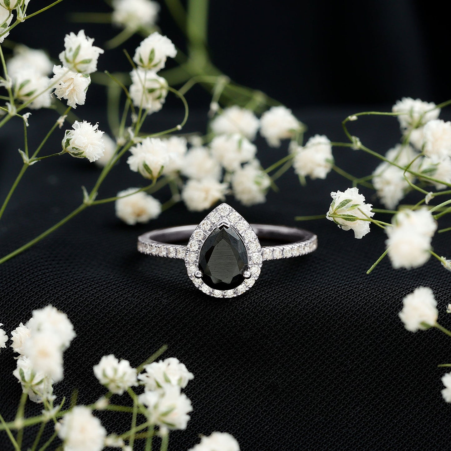 Certified 0.85 Carat Lab Grown Black Diamond Teardrop Engagement Ring with White Diamond Halo