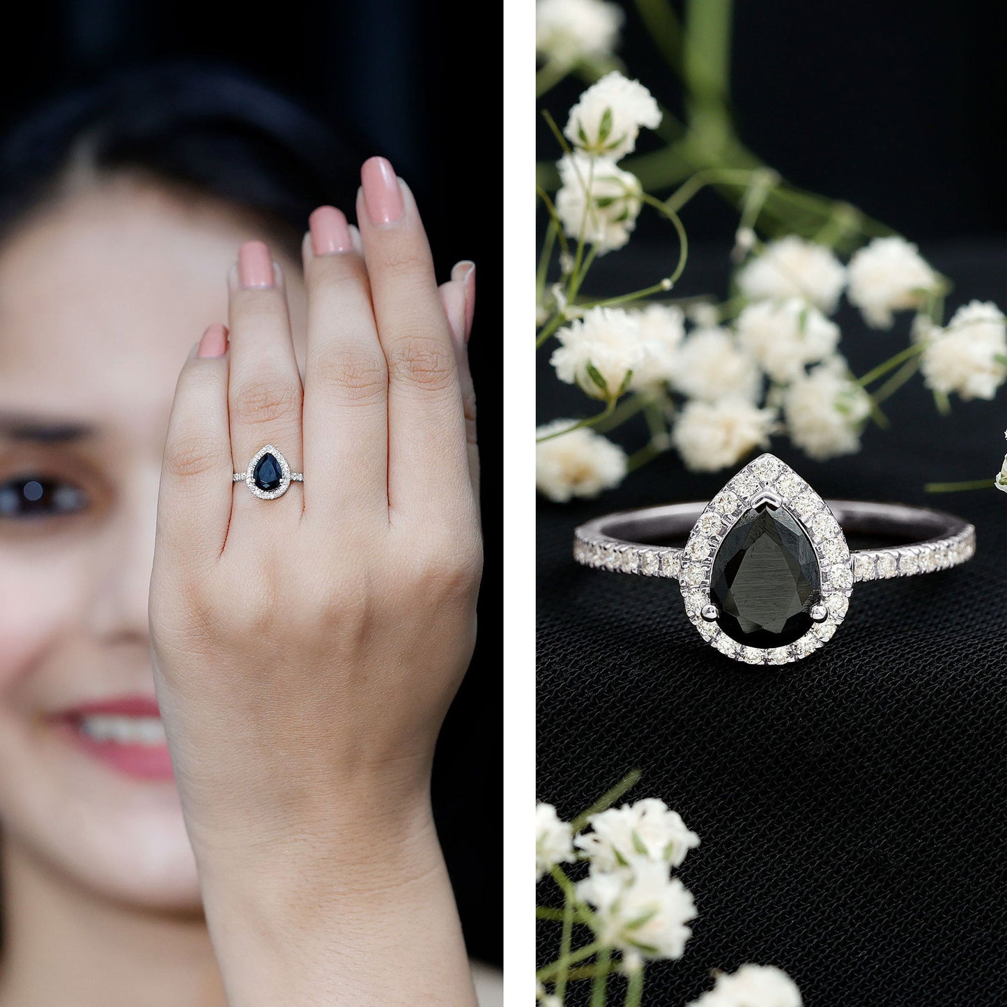 Certified 0.85 Carat Lab Grown Black Diamond Teardrop Engagement Ring with White Diamond Halo