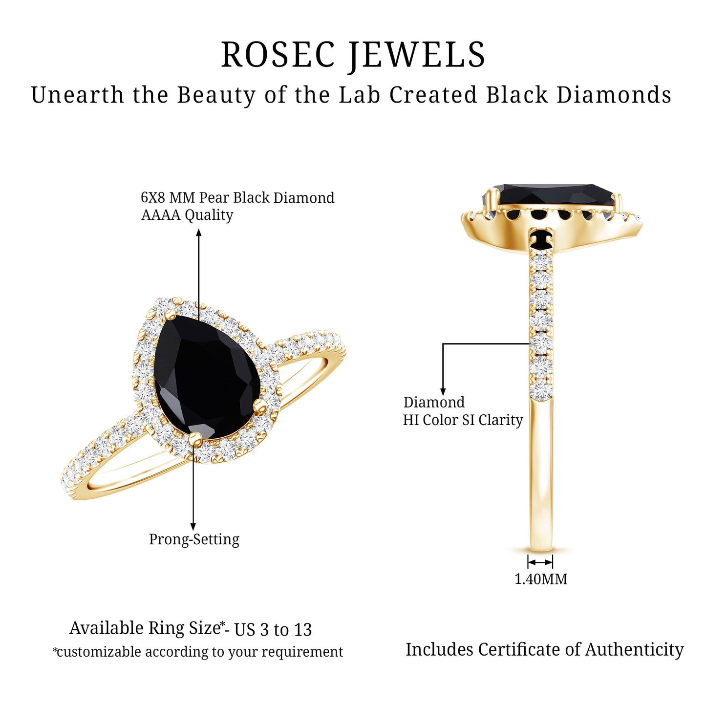 Certified 0.85 Carat Lab Grown Black Diamond Teardrop Engagement Ring with White Diamond Halo