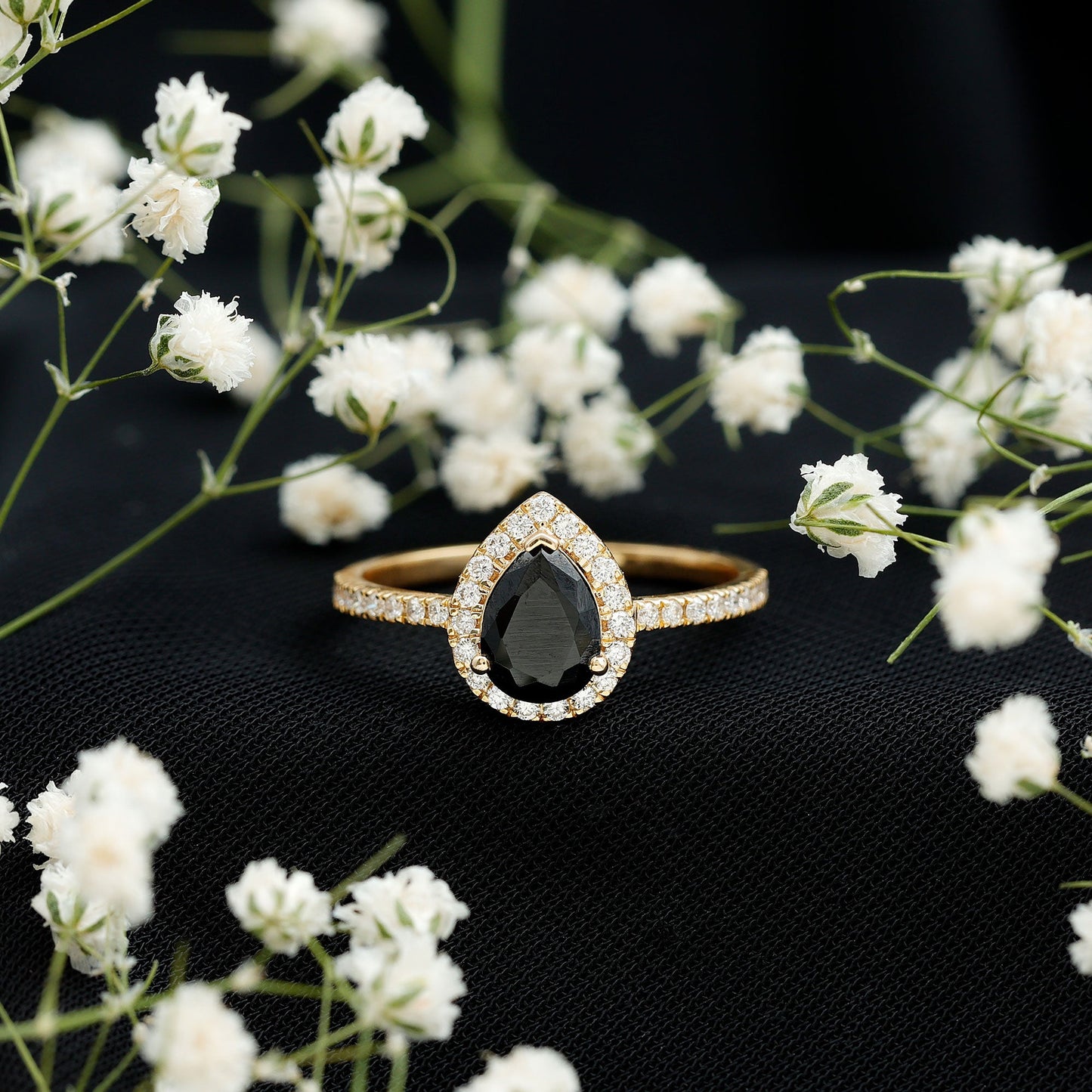 Certified 0.85 Carat Lab Grown Black Diamond Teardrop Engagement Ring with White Diamond Halo