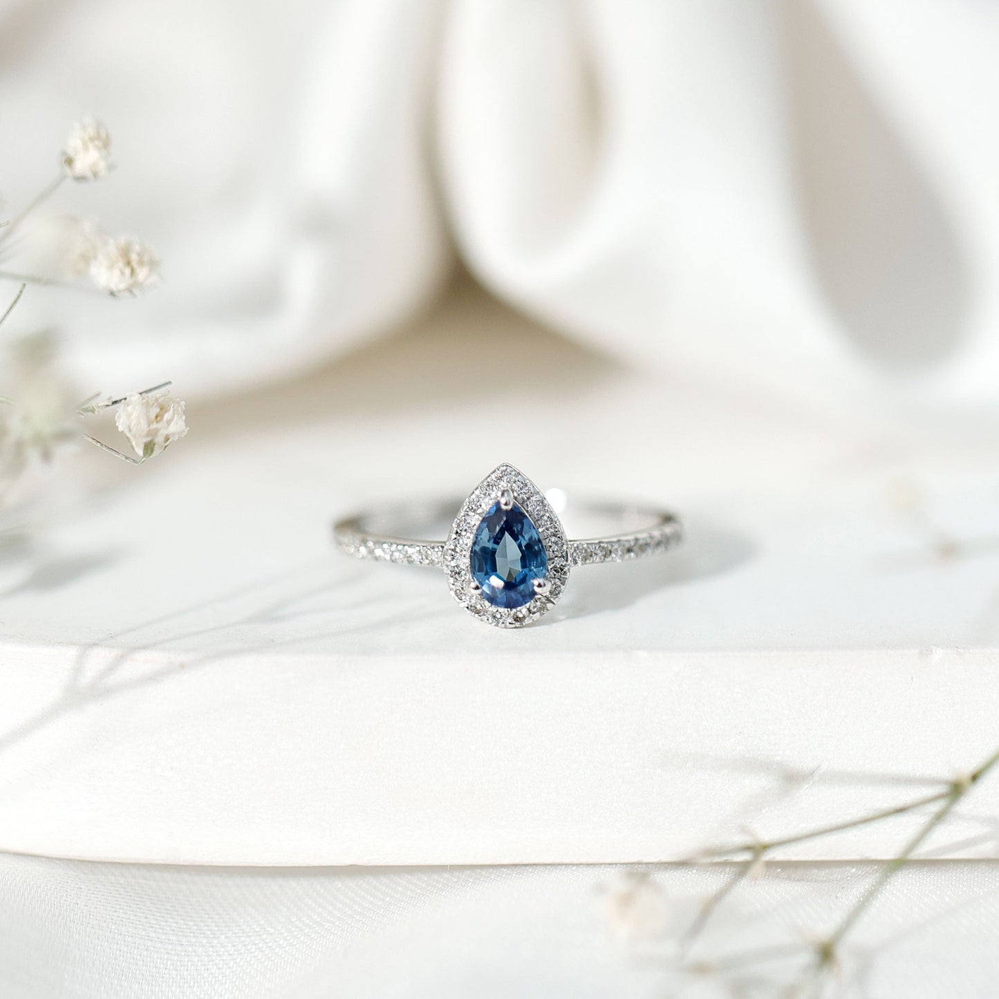 Natural Half Carat Blue Sapphire Teardrop Engagement Ring with Diamond Halo