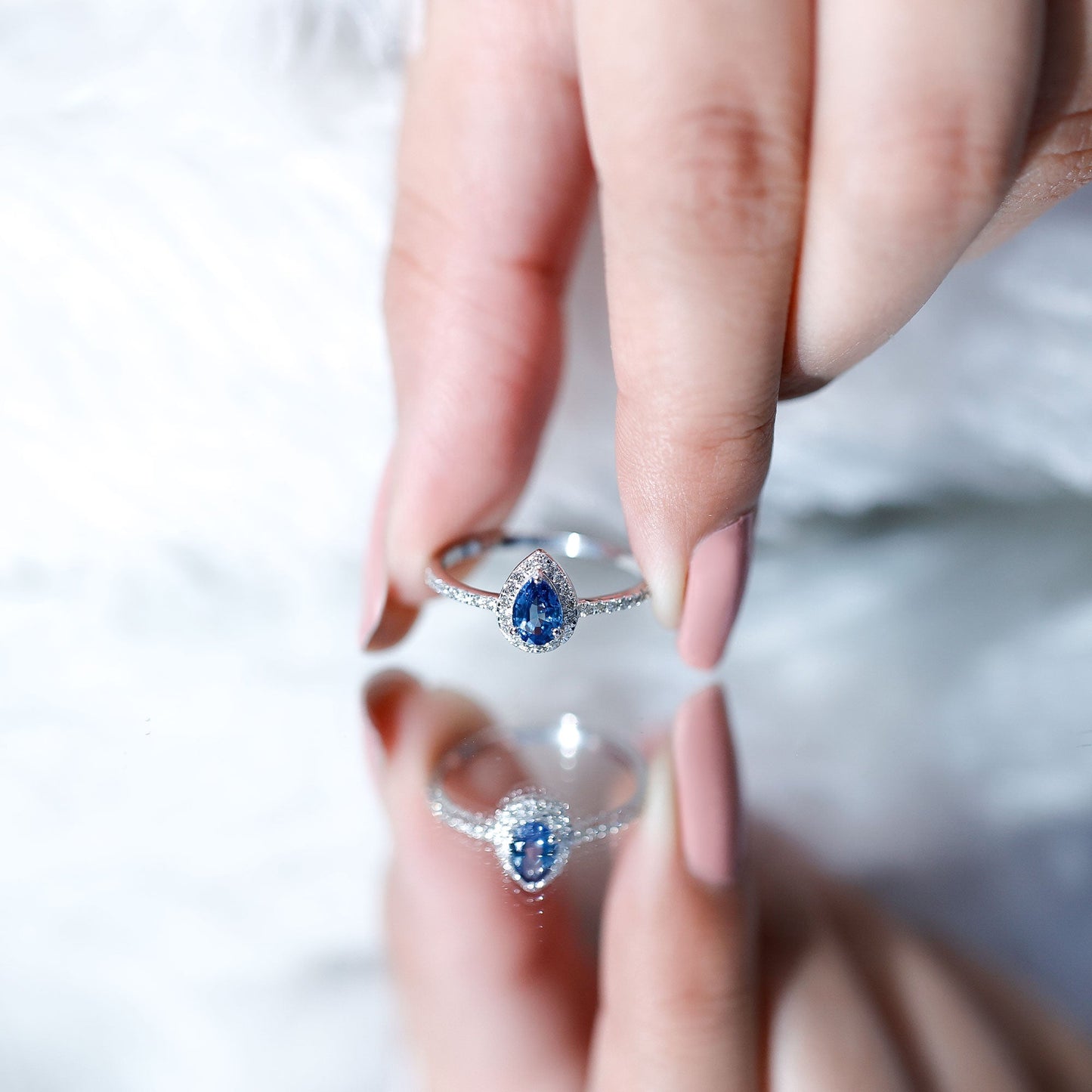 Natural Half Carat Blue Sapphire Teardrop Engagement Ring with Diamond Halo