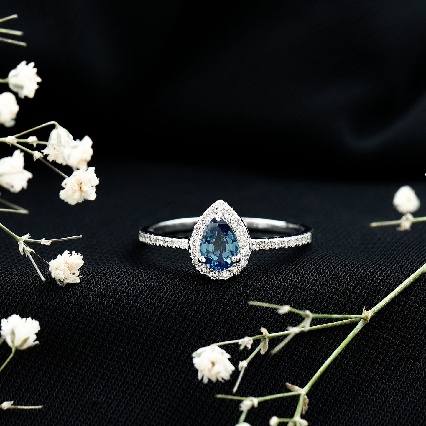 Natural Half Carat Blue Sapphire Teardrop Engagement Ring with Diamond Halo
